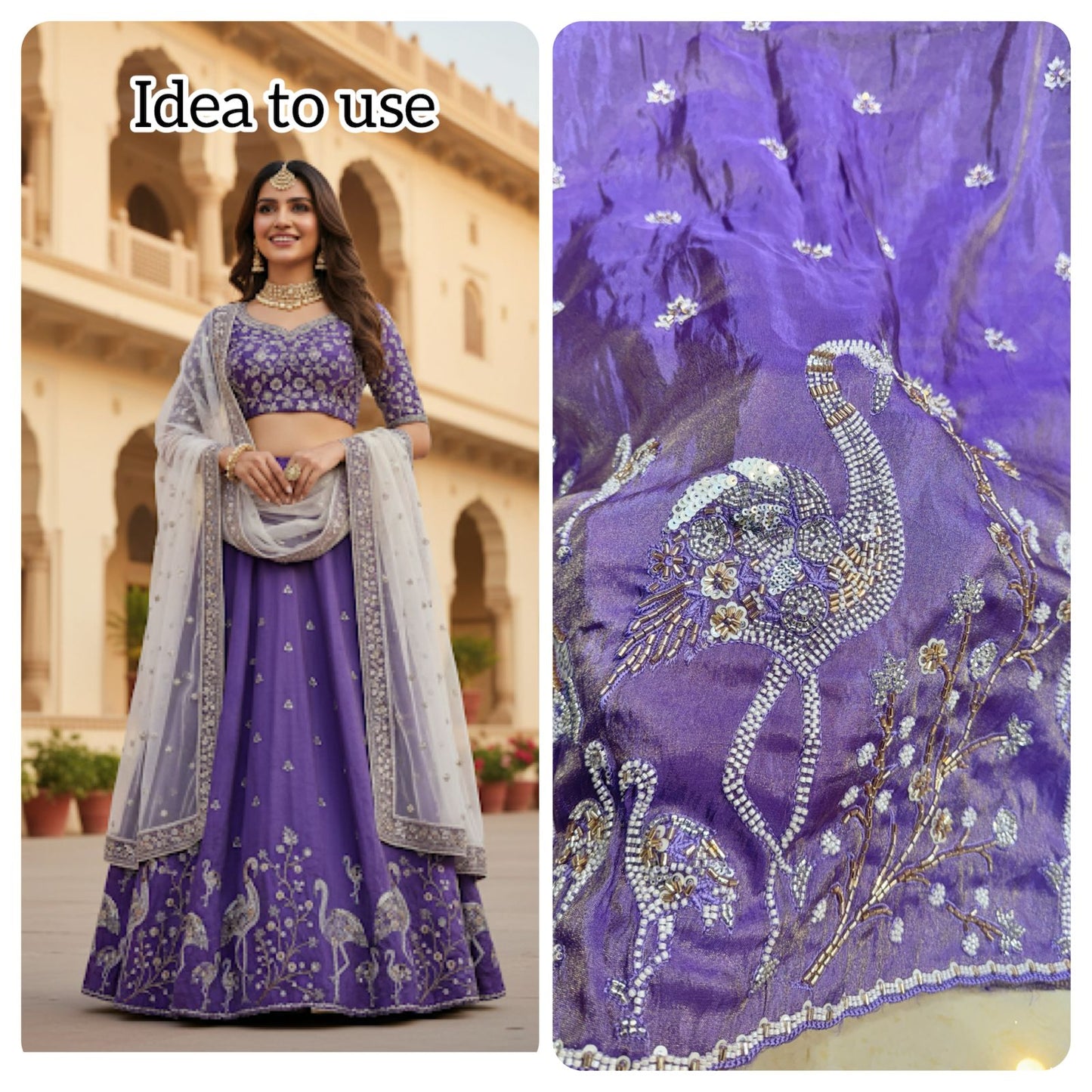 👗🥻Premium Viscose Tissue handwork with Embroidered Fabric – Swan & Floral Motif beads work 60inch width