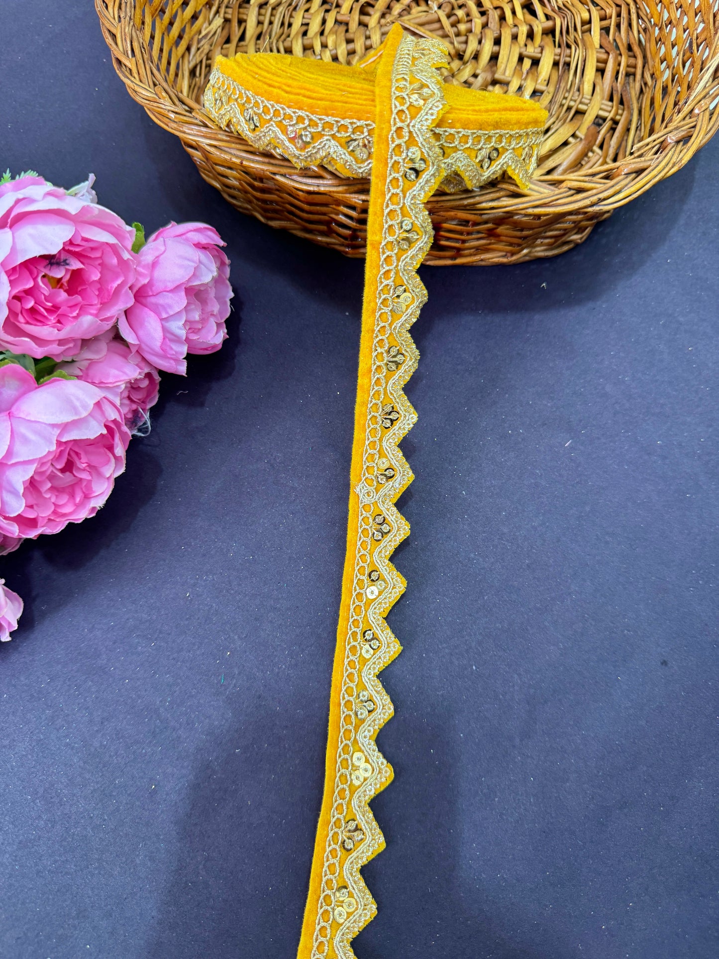 Velvet Zari Embroidery Lace Border – Zig Zag Design, 1 Inch Wide