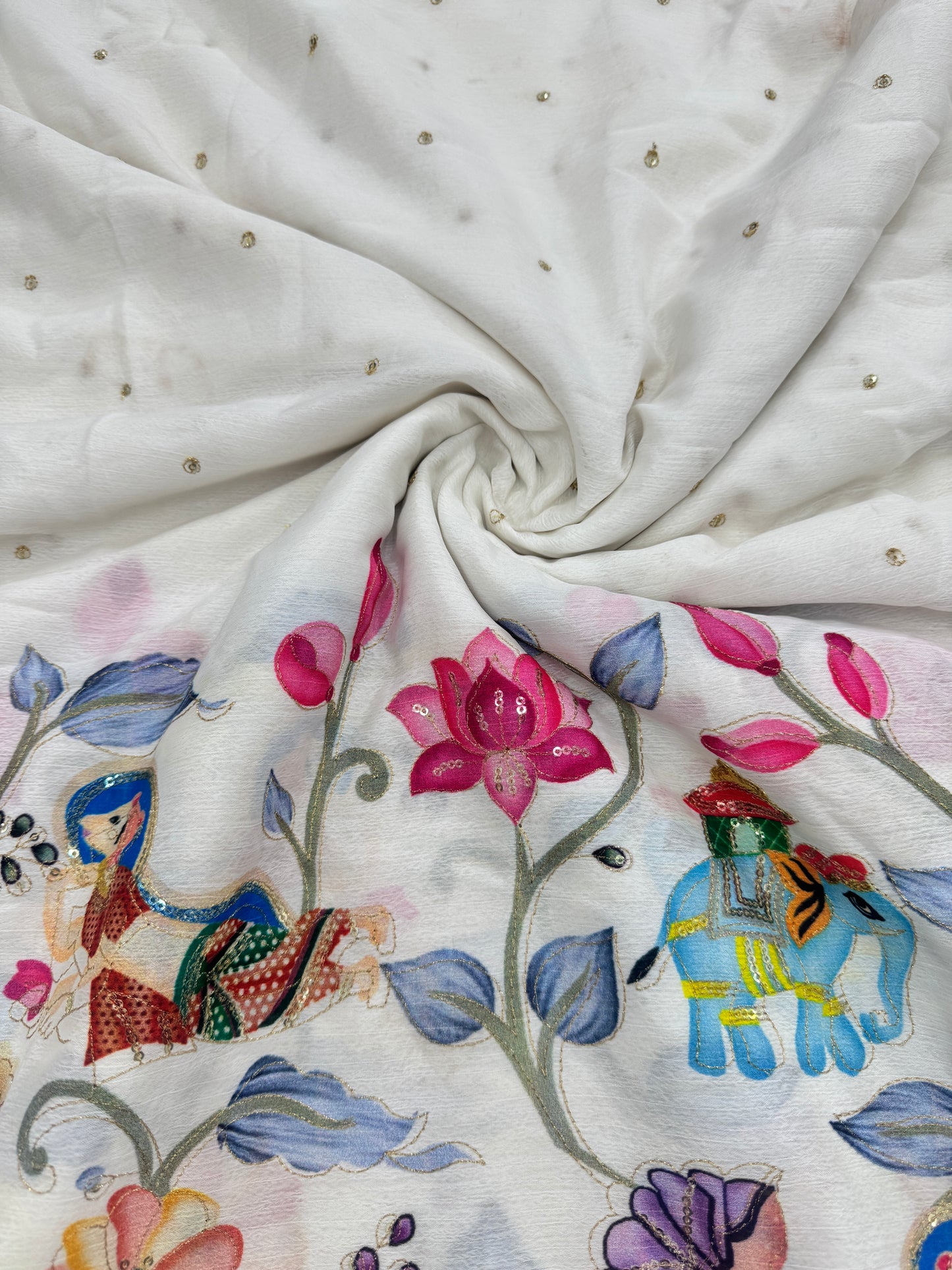 kalamkari border WHITE chenon fabrics Blend with Elephant & Lotus Motifs Width: ~44–45 inches