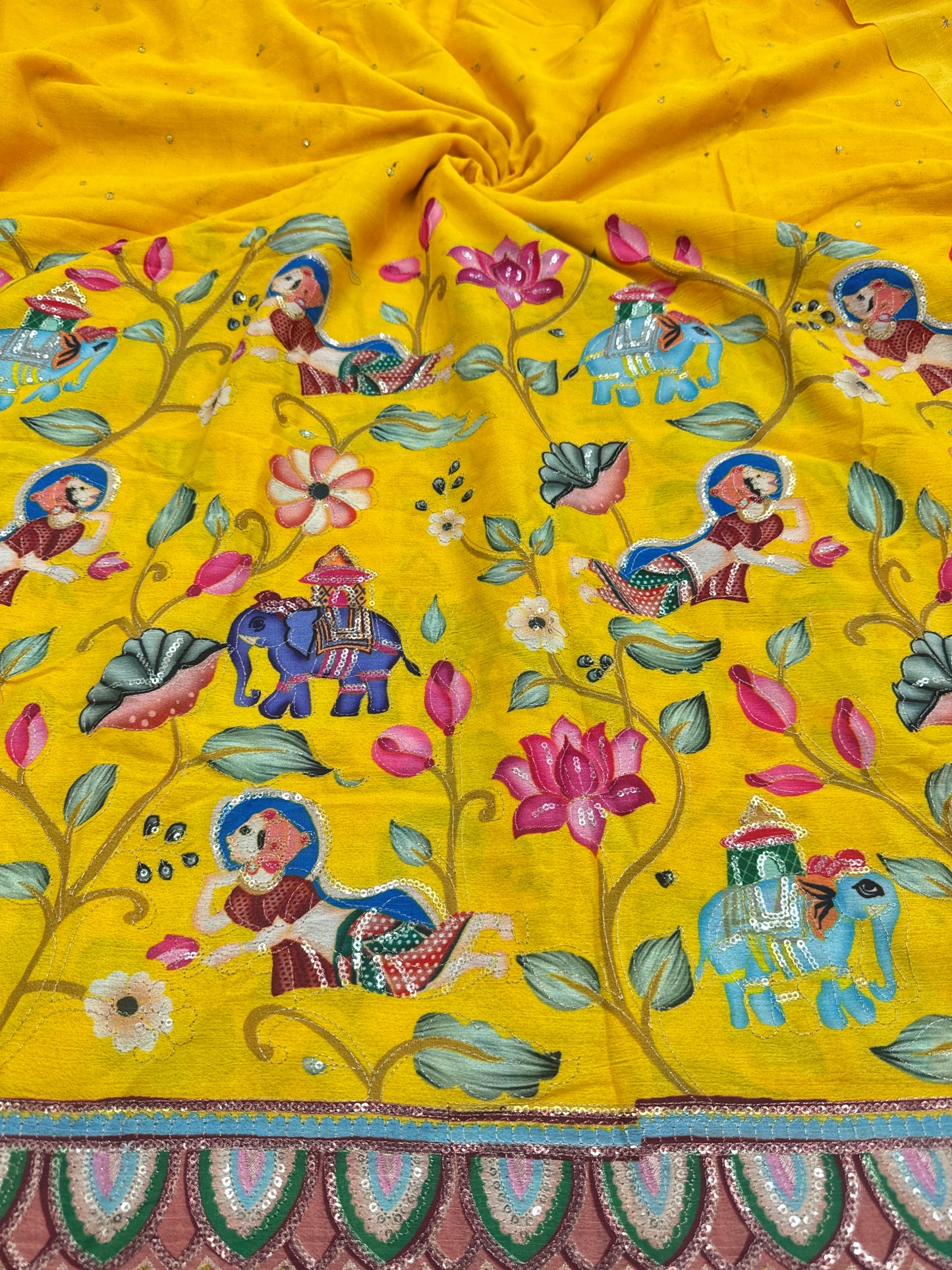 kalamkari border chenon fabrics Blend with Elephant & Lotus Motifs Width: ~44–45 inches
