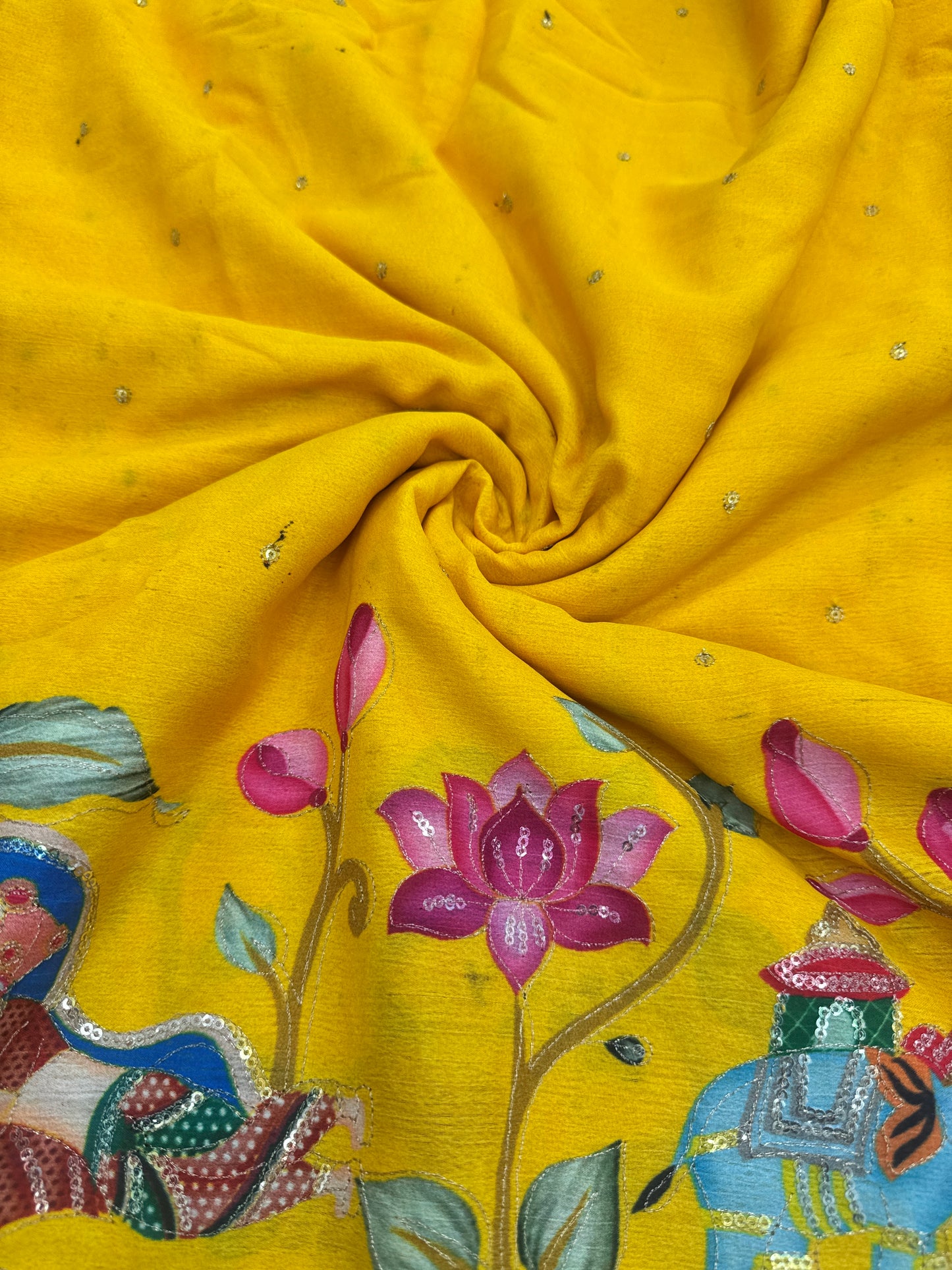 kalamkari border chenon fabrics Blend with Elephant & Lotus Motifs Width: ~44–45 inches