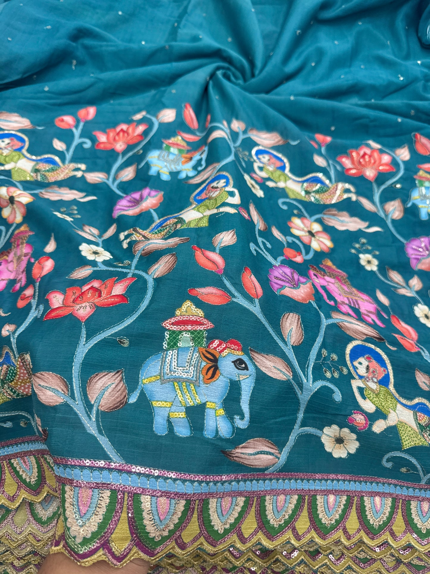 kalamkari border chenon fabrics Blend with Elephant & Lotus Motifs Width: ~44–45 inches