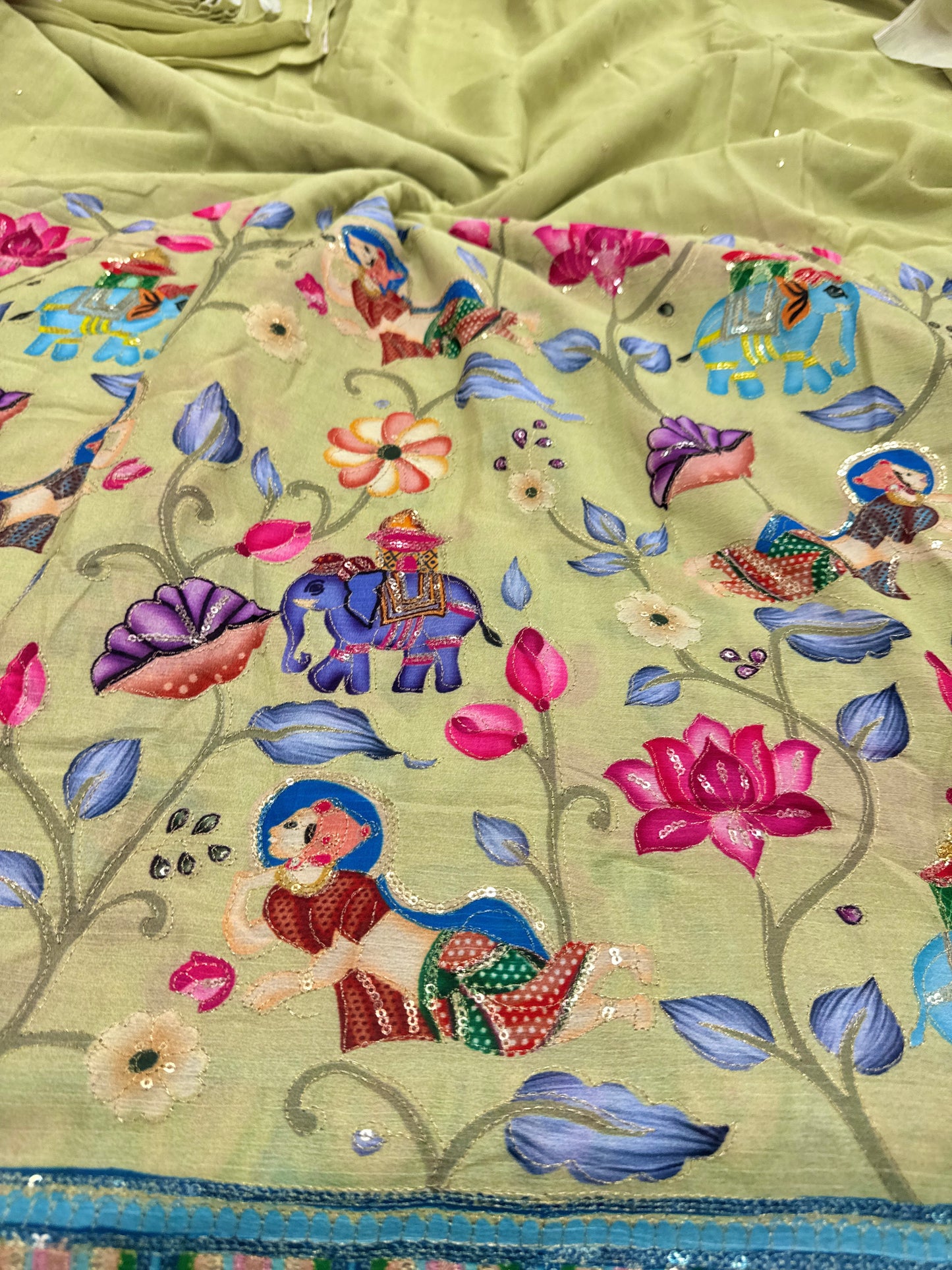 kalamkari border chenon fabrics Blend with Elephant & Lotus Motifs Width: ~44–45 inches