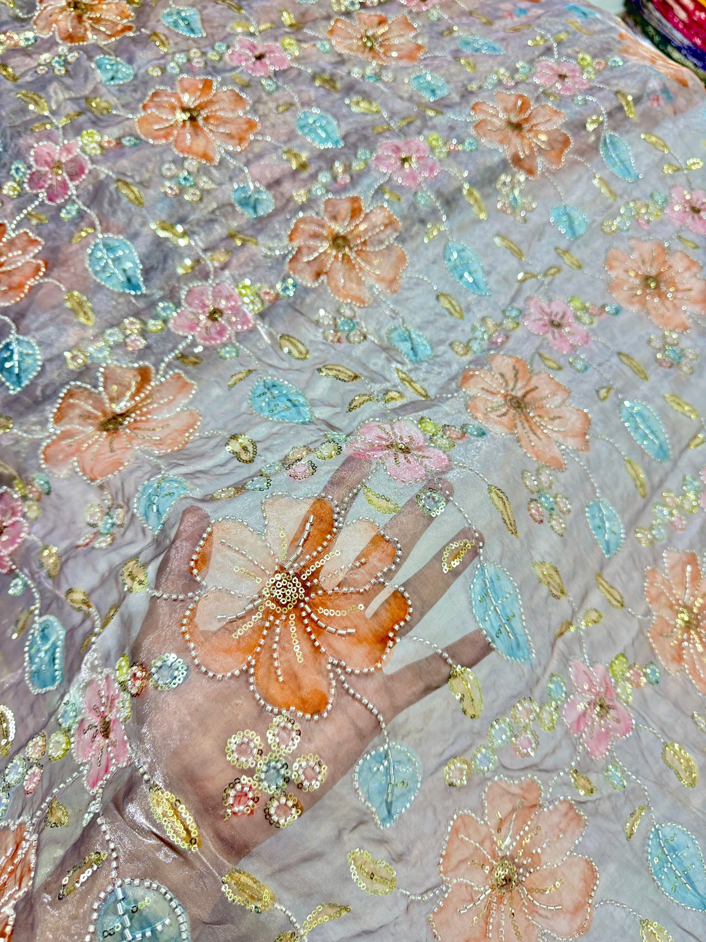 Beautiful đź’•Jimmy choo fabric hand work all over Multicolored floral embroidery with sequins & beadwork 45INCH width