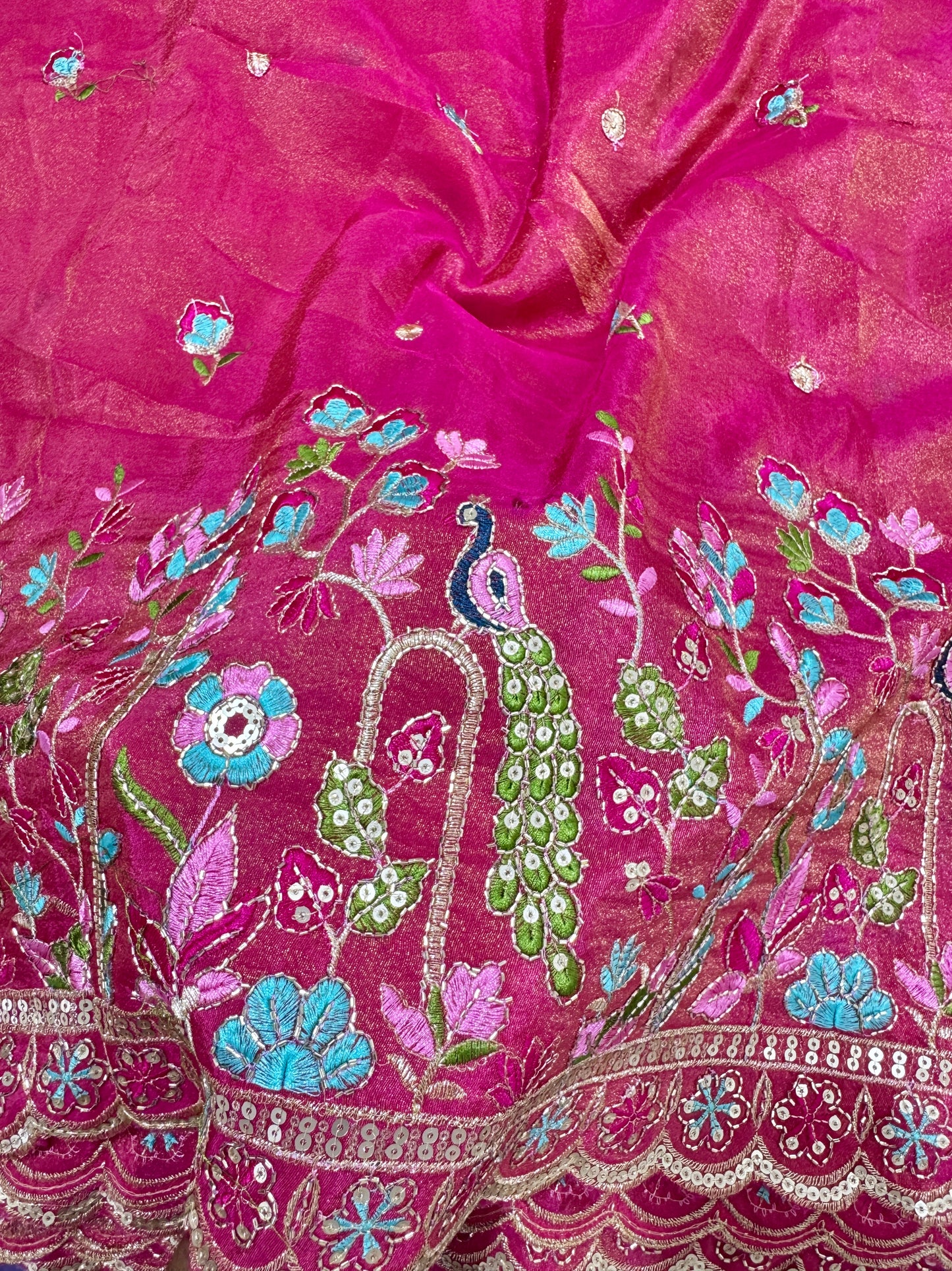 Viscouse tissue multi embroidery 🦚peacock Desing border 🌸44inch width PINK
