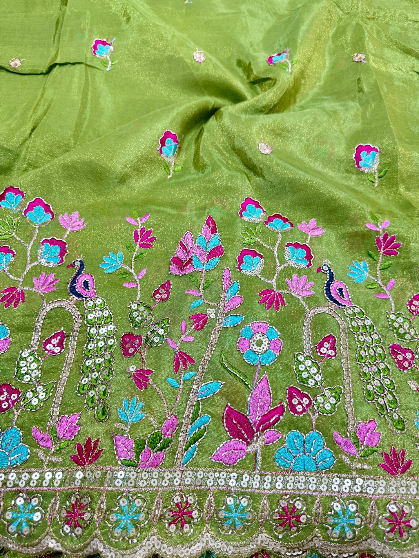 Viscouse tissue multi embroidery 🦚peacock Desing border 🌸44inch width PISTA GREEN