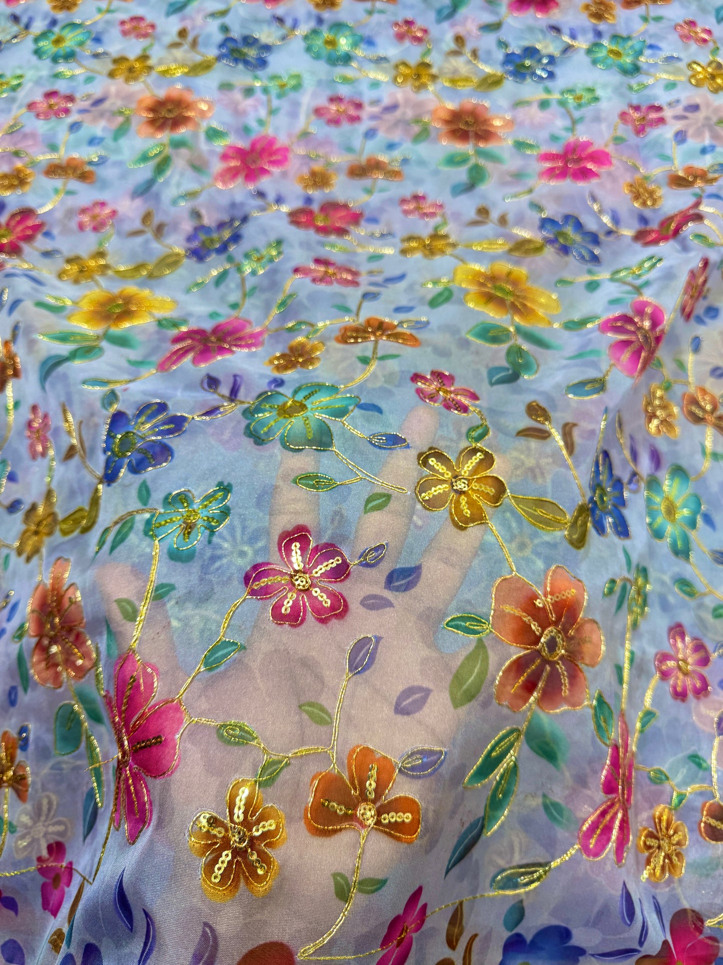✨ Tapy Silk Zari Work Fabric with Multicolor Floral Embroidery – 45 Inch Width