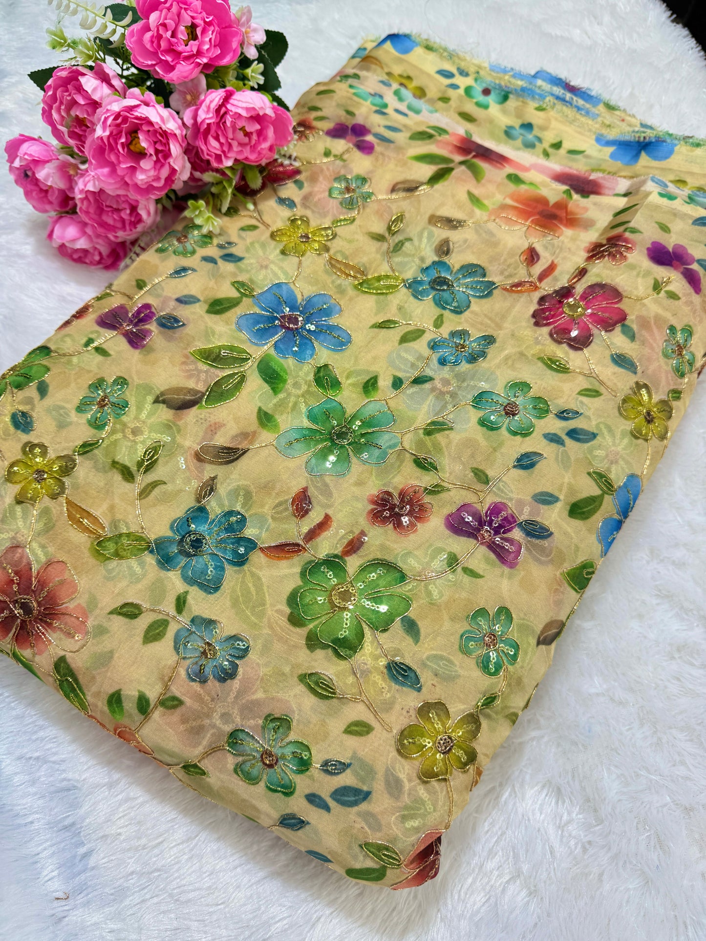 ✨ Tapy Silk Zari Work Fabric with Multicolor Floral Embroidery – 45 Inch Width