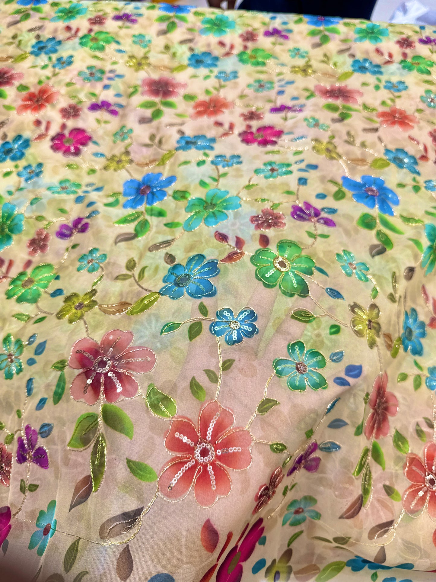 ✨ Tapy Silk Zari Work Fabric with Multicolor Floral Embroidery – 45 Inch Width