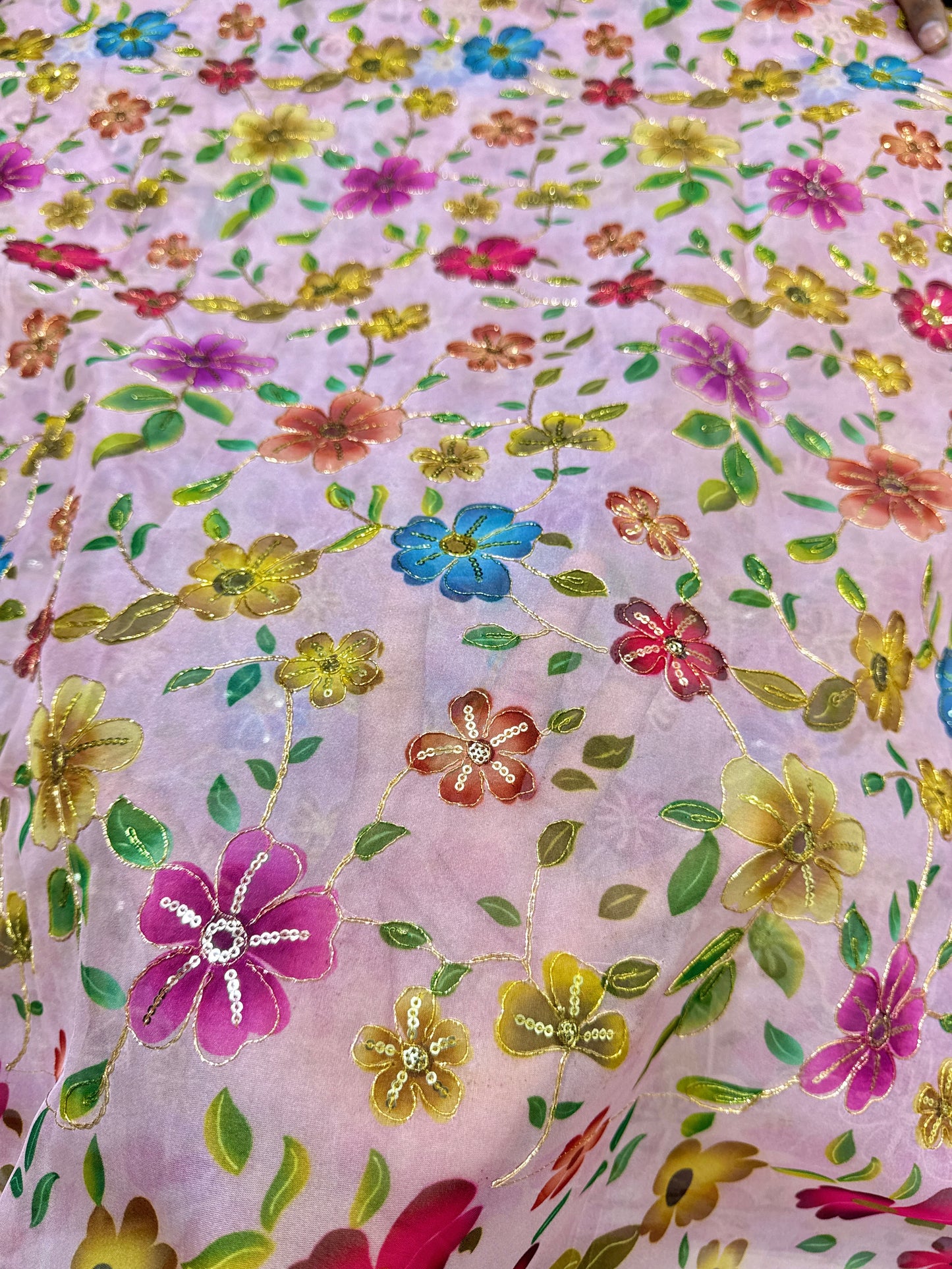 ✨ Tapy Silk Zari Work Fabric with Multicolor Floral Embroidery – 45 Inch Width