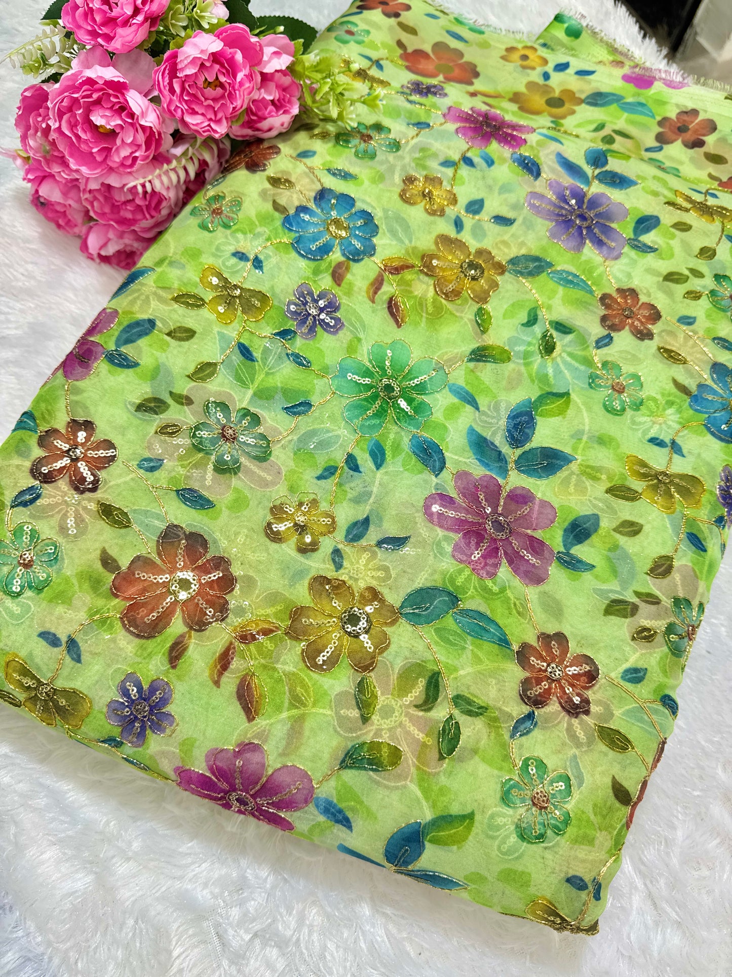 ✨ Tapy Silk Zari Work Fabric with Multicolor Floral Embroidery – 45 Inch Width
