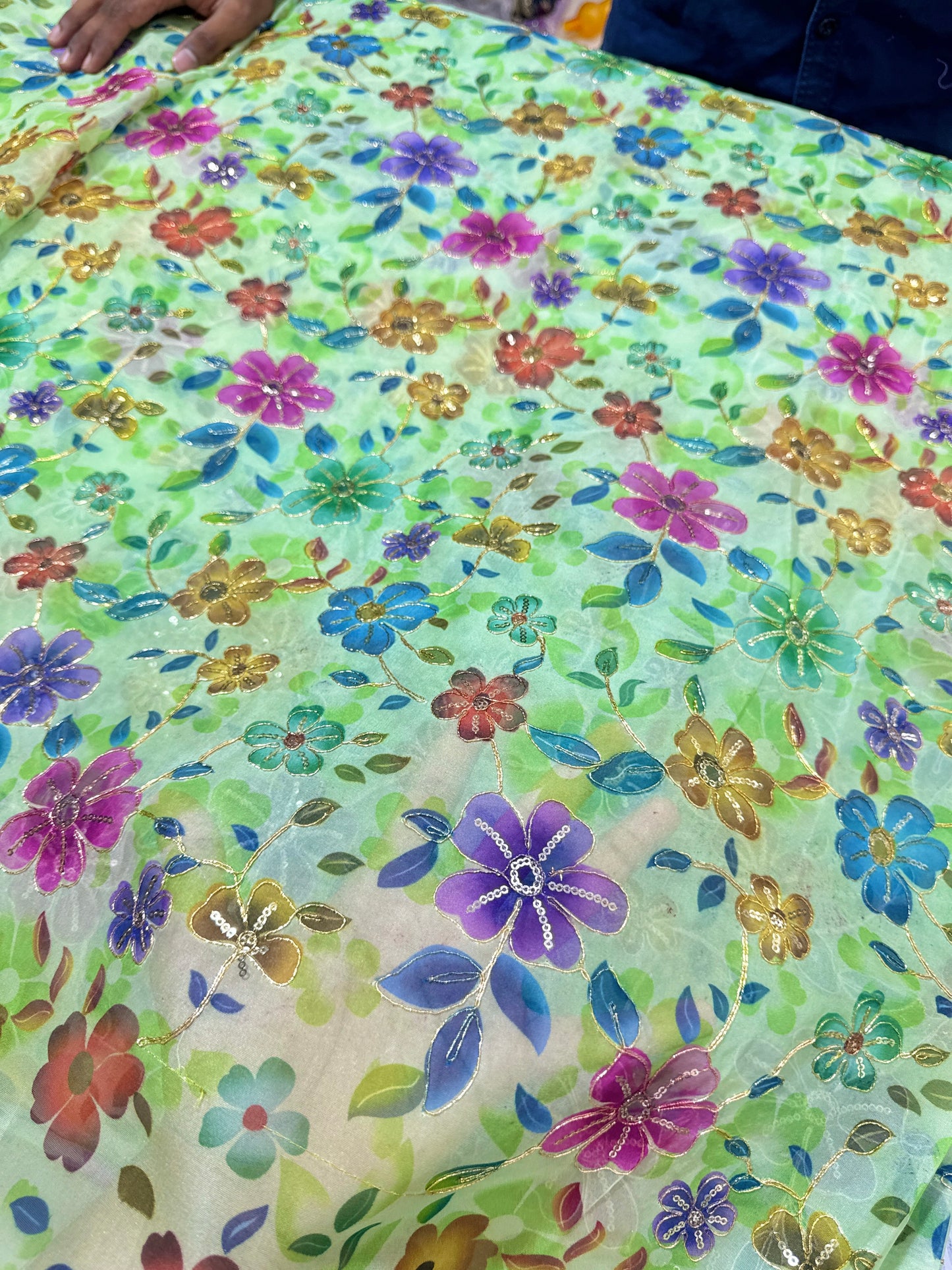 ✨ Tapy Silk Zari Work Fabric with Multicolor Floral Embroidery – 45 Inch Width