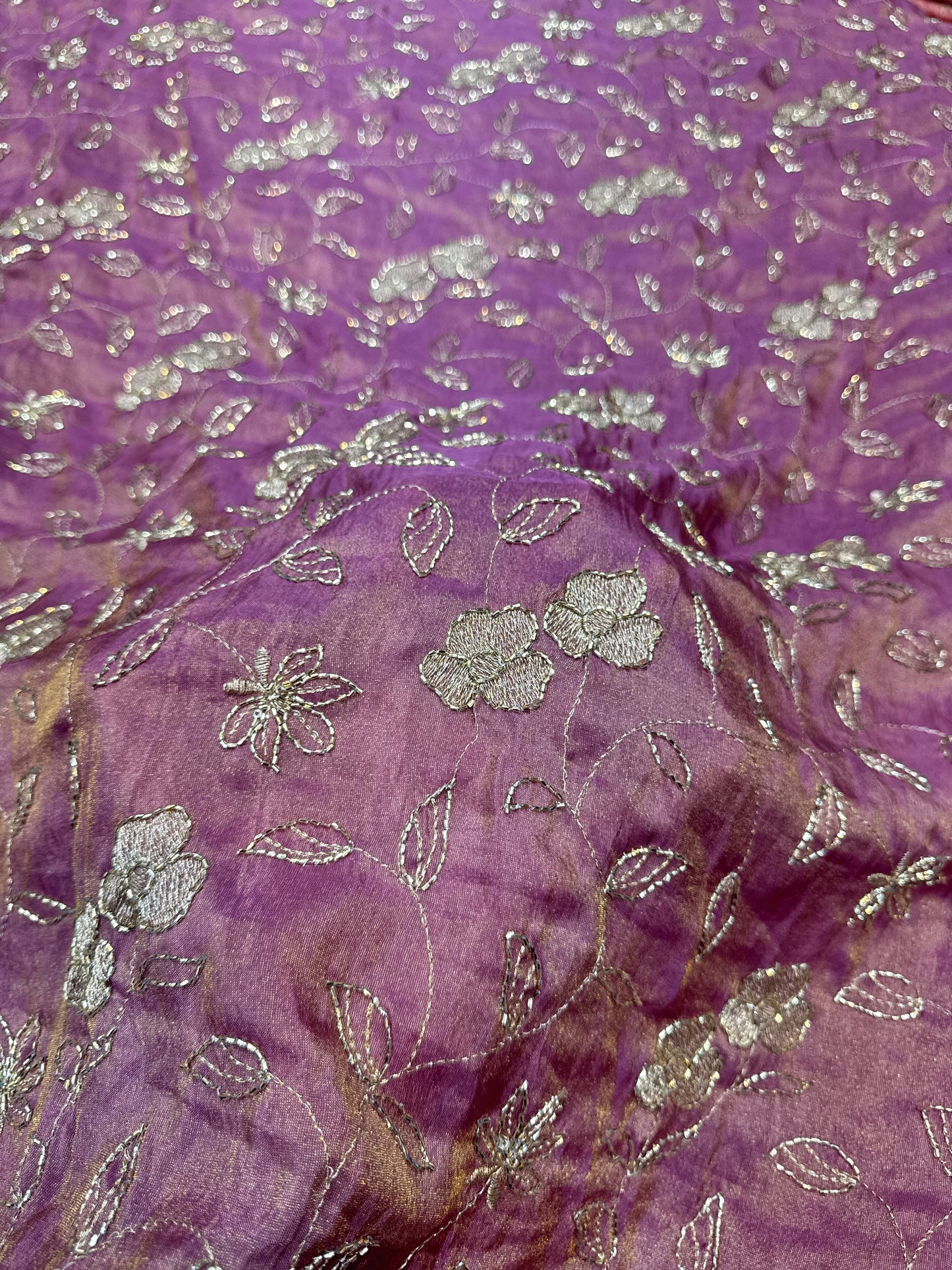 Tissue fabrice flower desing golden beats work all over work 44-45 inch width lehanga blouse frock