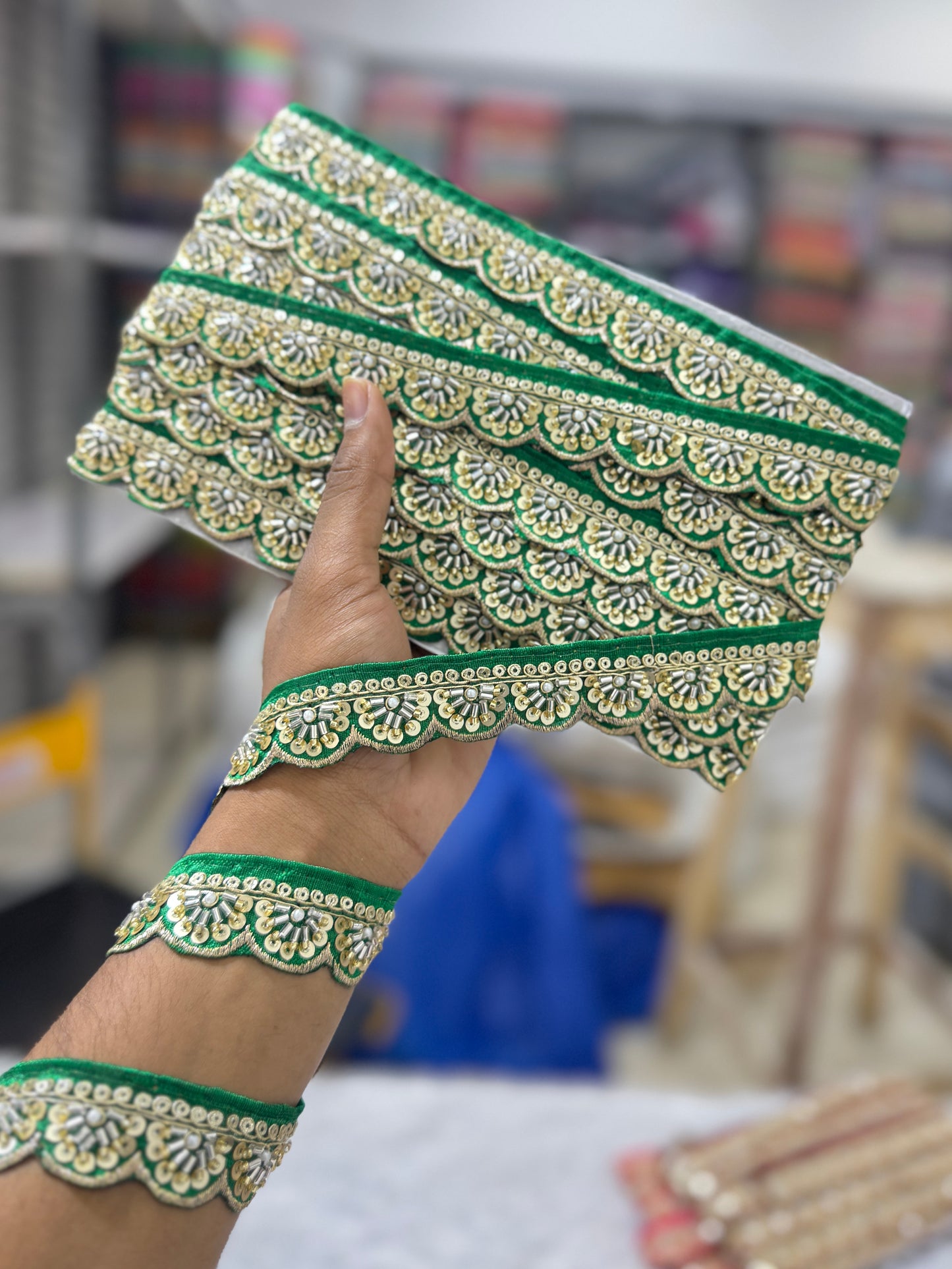 Exclusive Katdana Maggam Work with sequins Saree Lace border – 9 Meters, 1.5 Inch Embroidered Border for Sarees, Lehengas & Dupattas PARROT GREEN