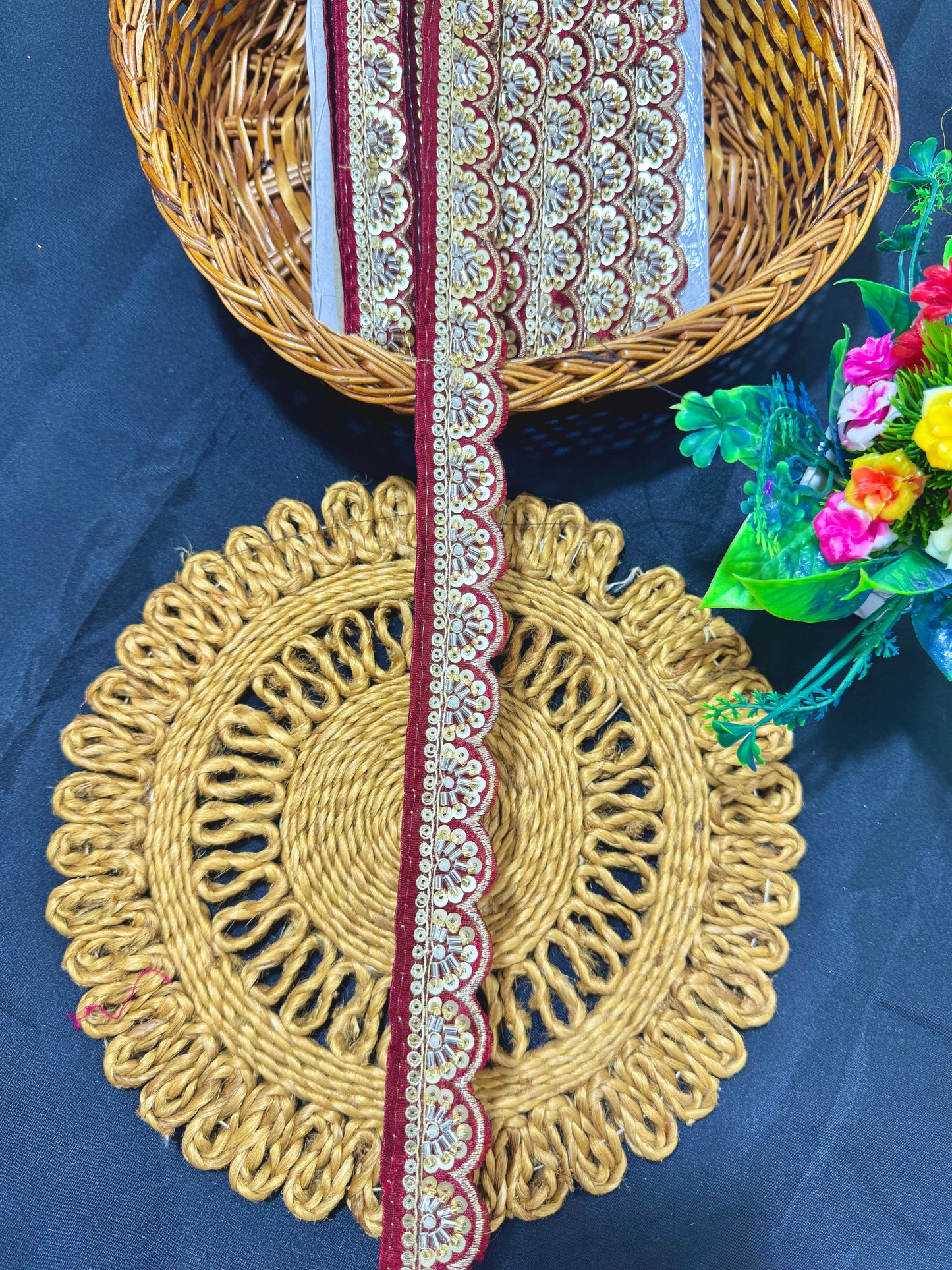 Exclusive Katdana Maggam Work with sequins Saree Lace border – 9 Meters, 1.5 Inch Embroidered Border for Sarees, Lehengas & Dupattas MAROON