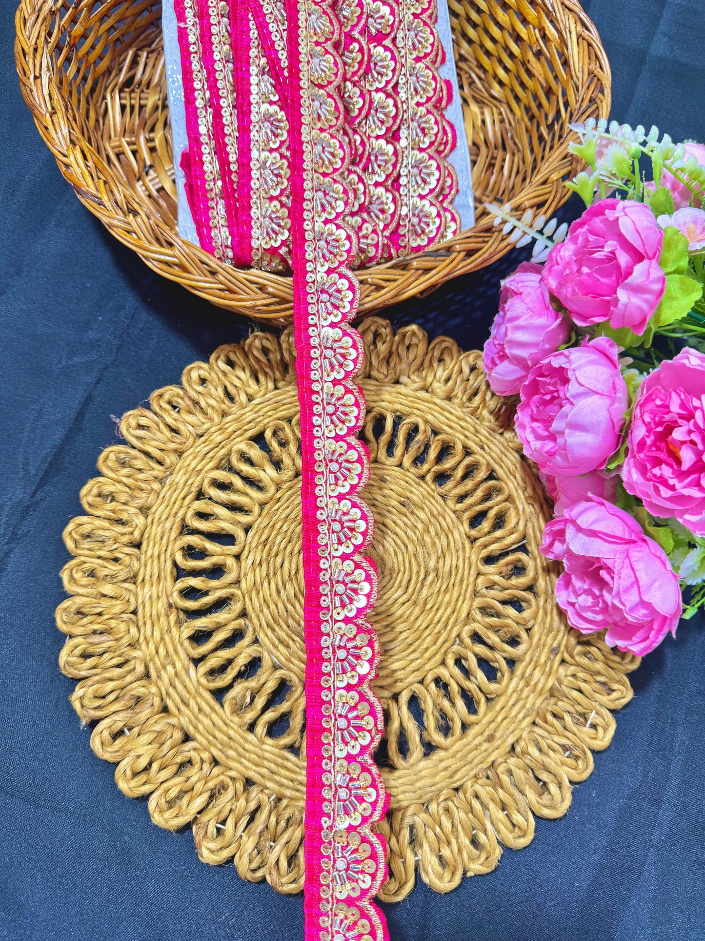 Exclusive Katdana Maggam Work with sequins Saree Lace border – 9 Meters, 1.5 Inch Embroidered Border for Sarees, Lehengas & Dupattas PINK
