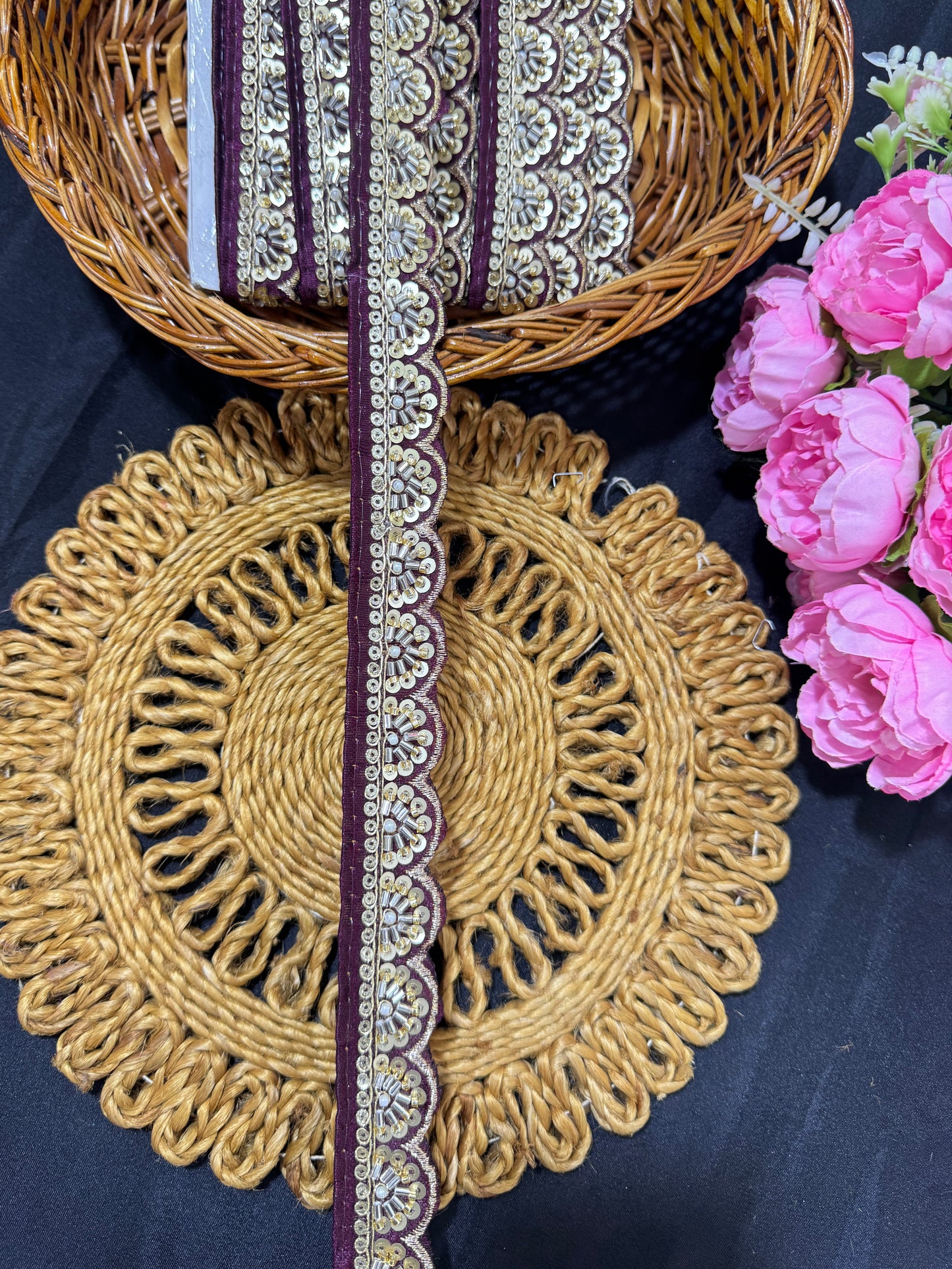 Exclusive Katdana Maggam Work with sequins Saree Lace border – 9 Meters, 1.5 Inch Embroidered Border for Sarees, Lehengas & Dupattas WINE