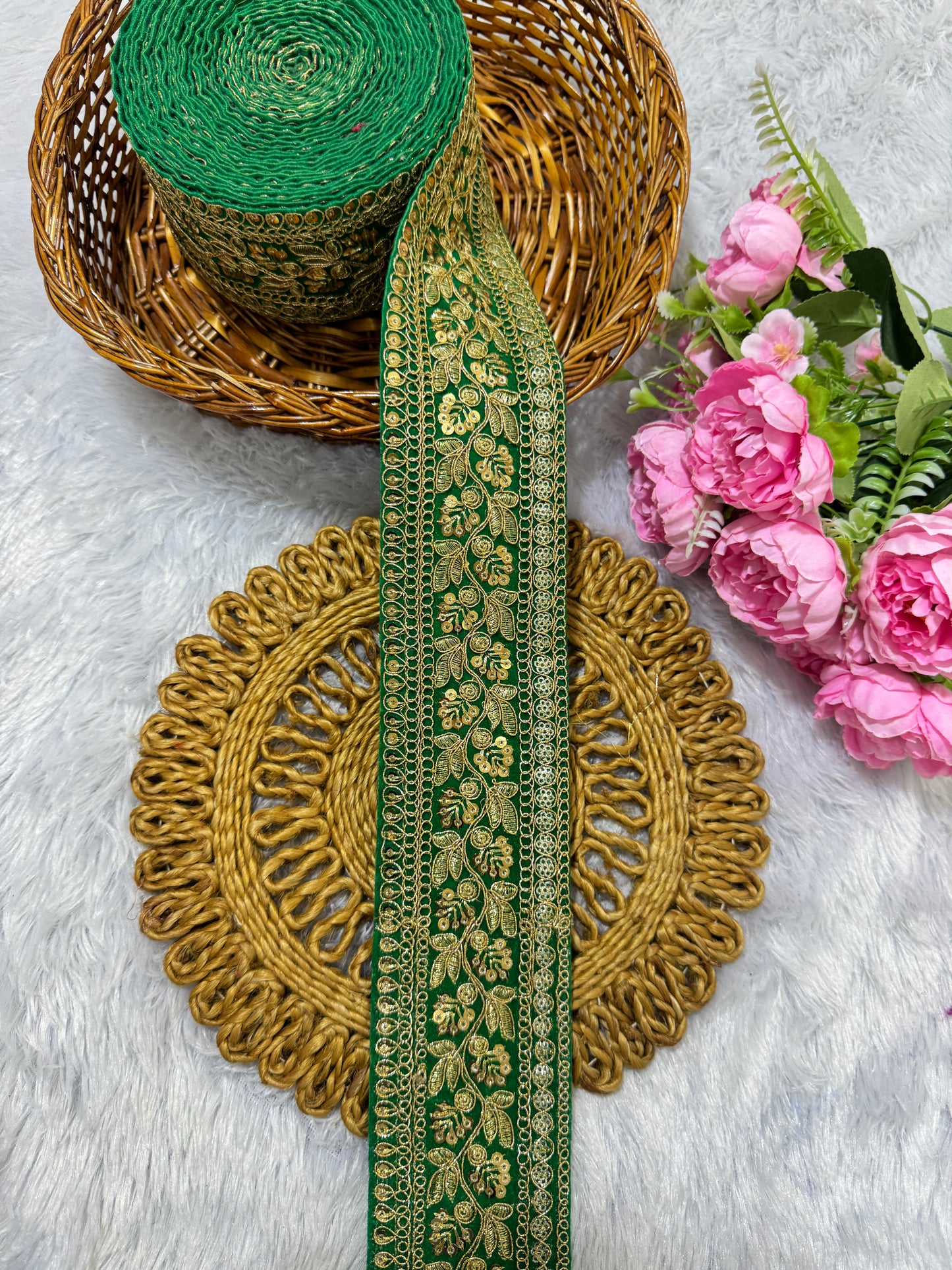 Premium velvet 3 inch gold Zari with sequins Embroidered border for sarees lehengas & Duppata’s Border 9 meter PARROT GREEN