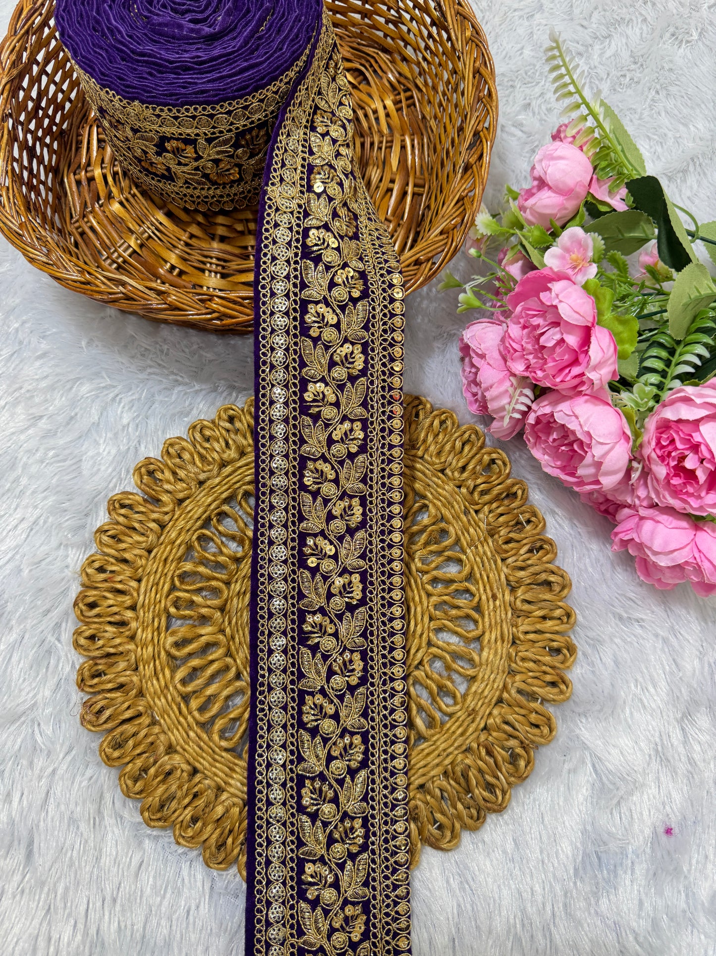 Premium velvet 3 inch gold Zari with sequins Embroidered border for sarees lehengas & Duppata’s Border 9 meter BLUE