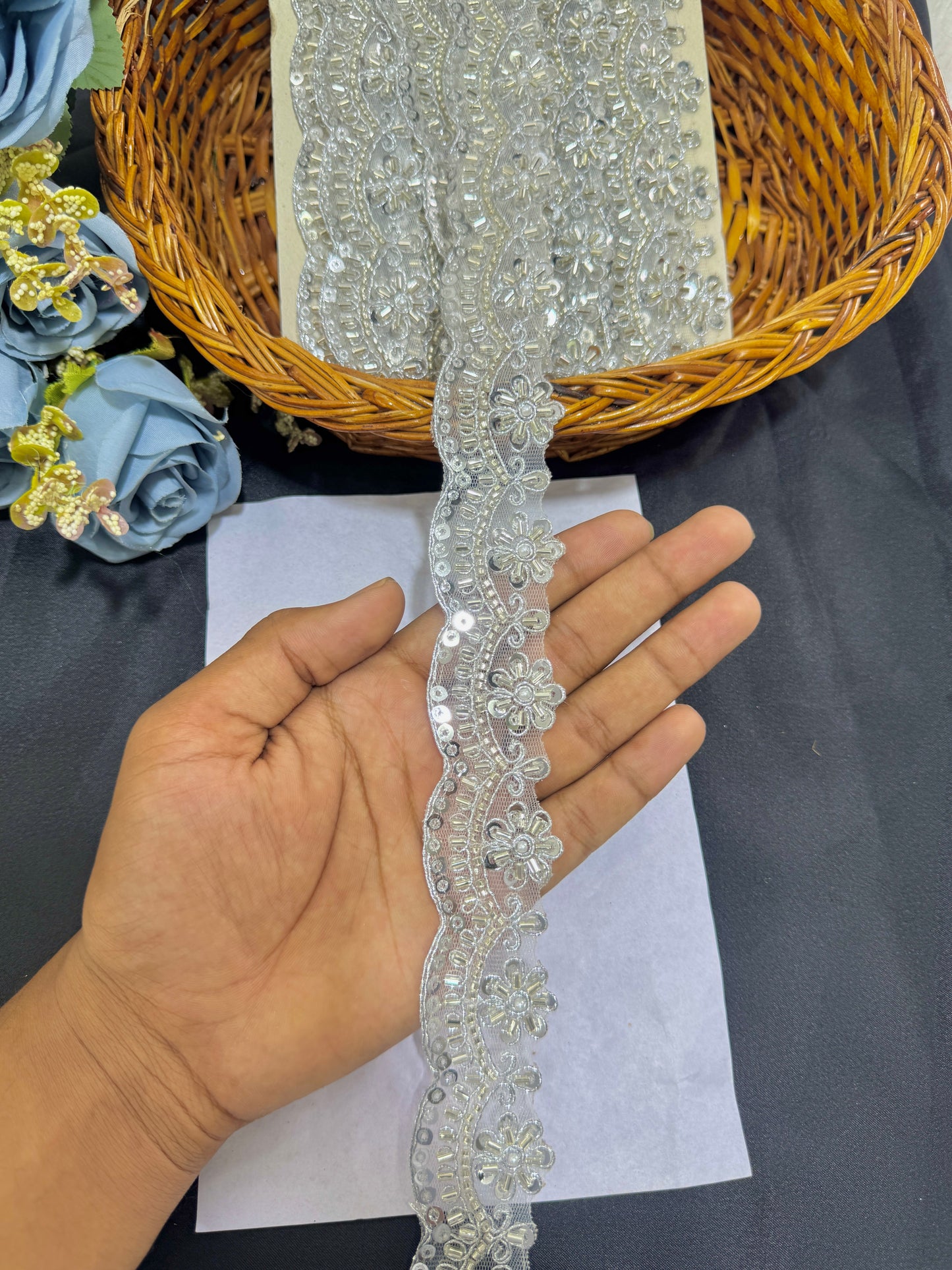 premium silver Maggam Work Floral Lace with Sequins – 9 Meter Pack