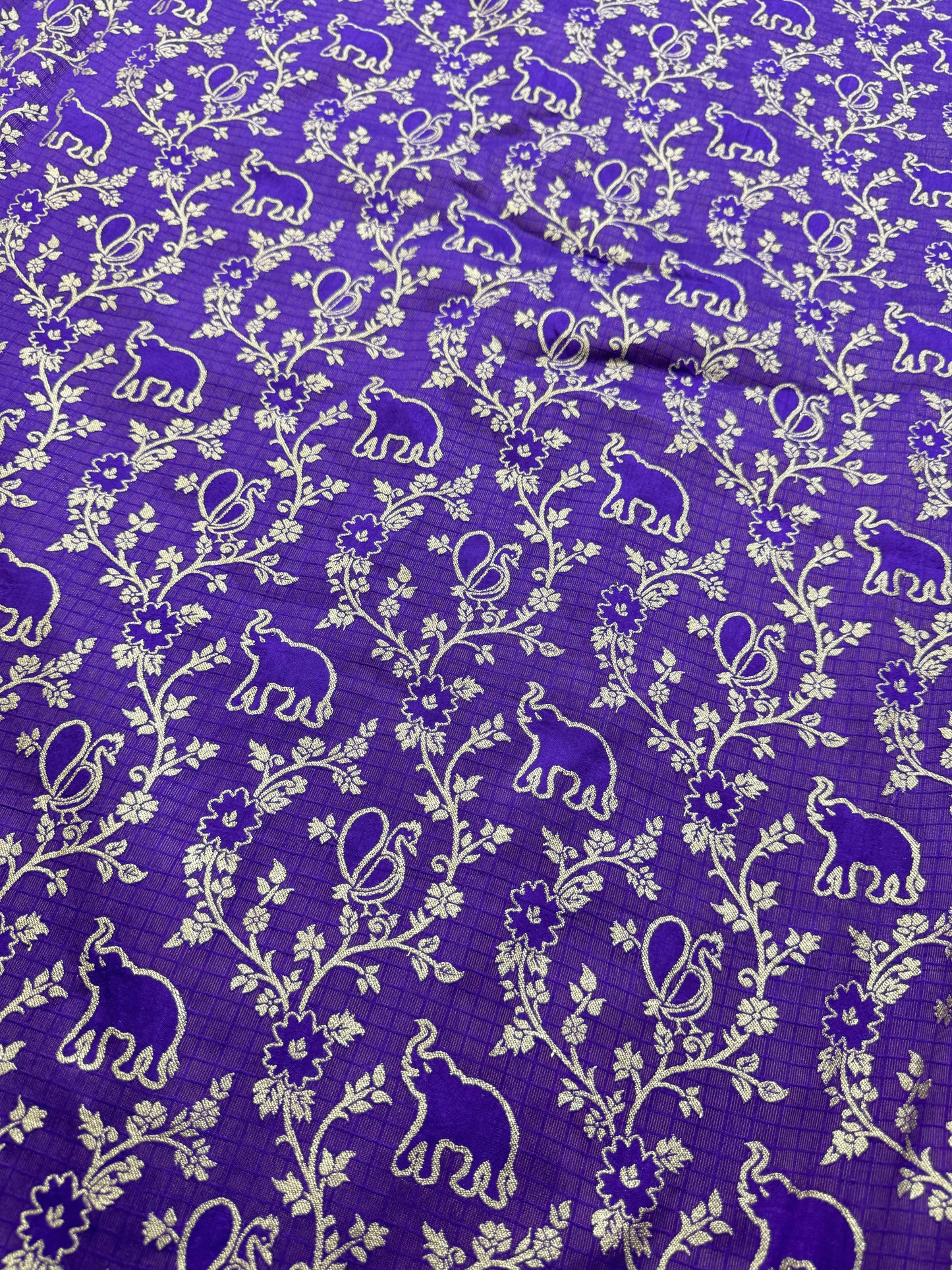 Premium royal purple Silk Brocade Banarasi Fabric with Elephant & Floral Motifs 44INCH WIDTH
