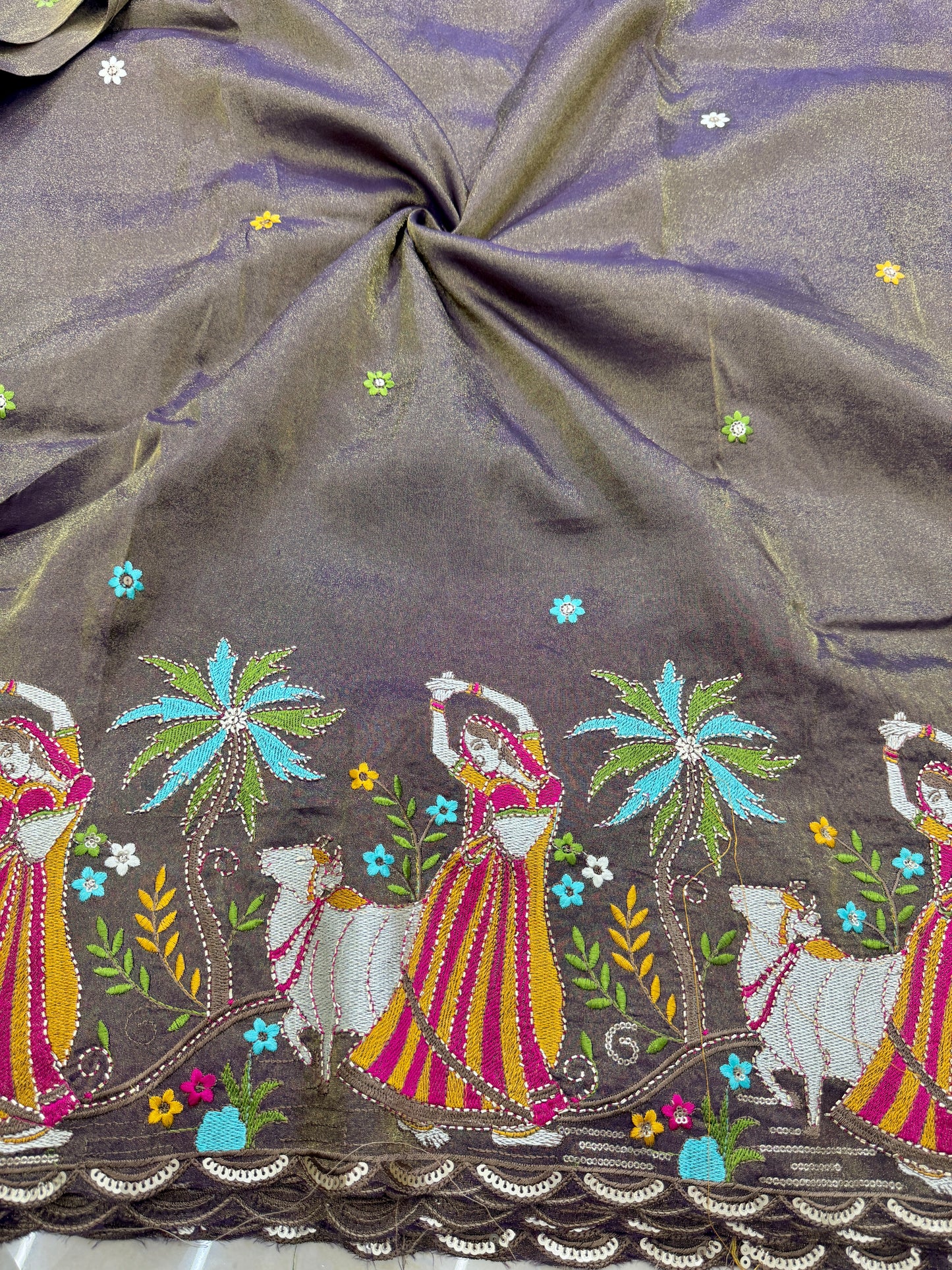 iscose Tissue Embroidered Fabric – Dancing Lady & Cow Motif (44” Width) purple