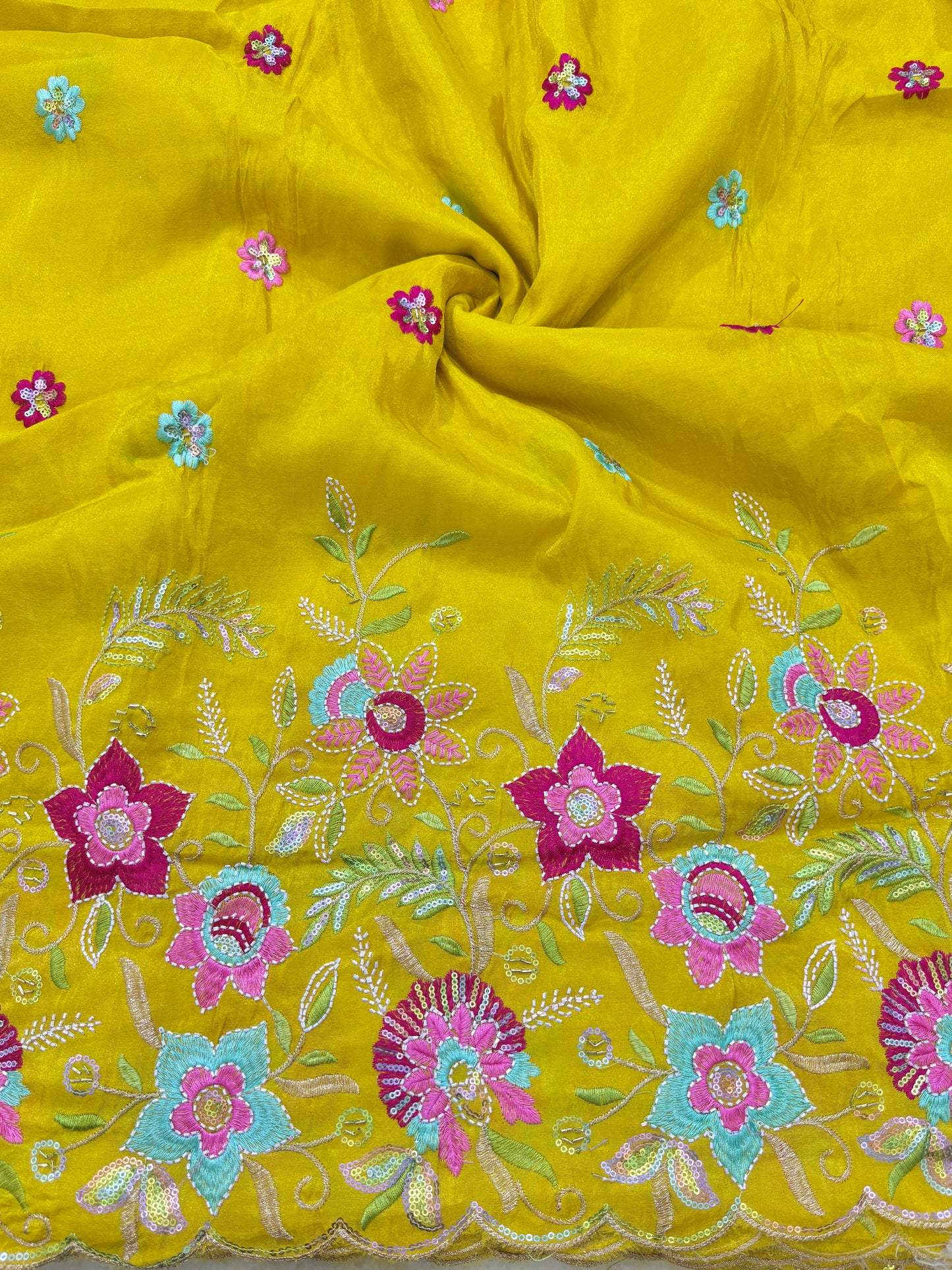 BEAUTIFUL YELLOW 😍PURE VICOUSE TISSUE MULTI FLOWER 🧵 EMBROIDERY WITH 🌺CUTWORK BORDER 44INCH WIDTH