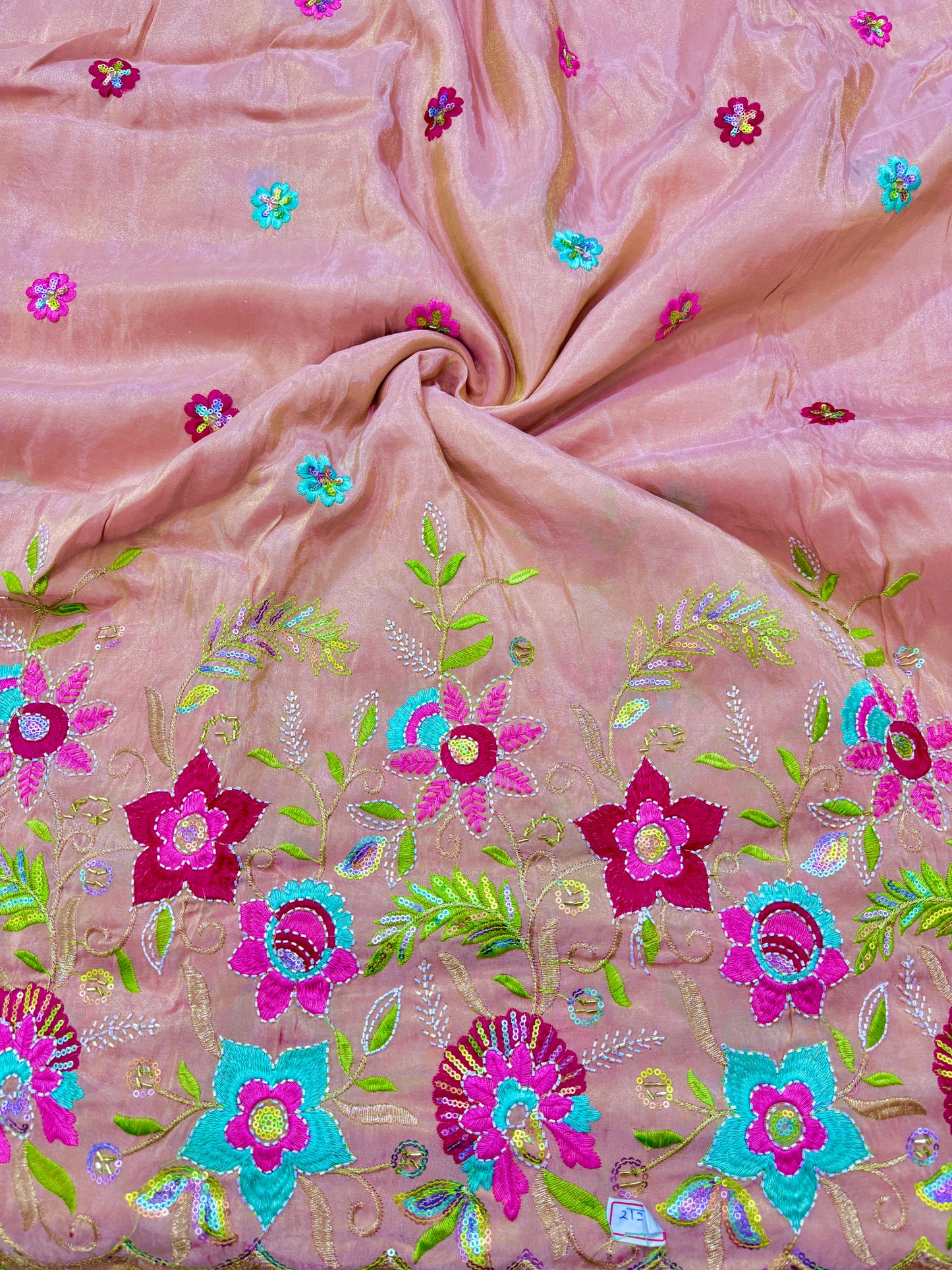 BEAUTIFUL PEACH 😍PURE VICOUSE TISSUE MULTI FLOWER 🧵 EMBROIDERY WITH 🌺CUTWORK BORDER 44INCH WIDTH