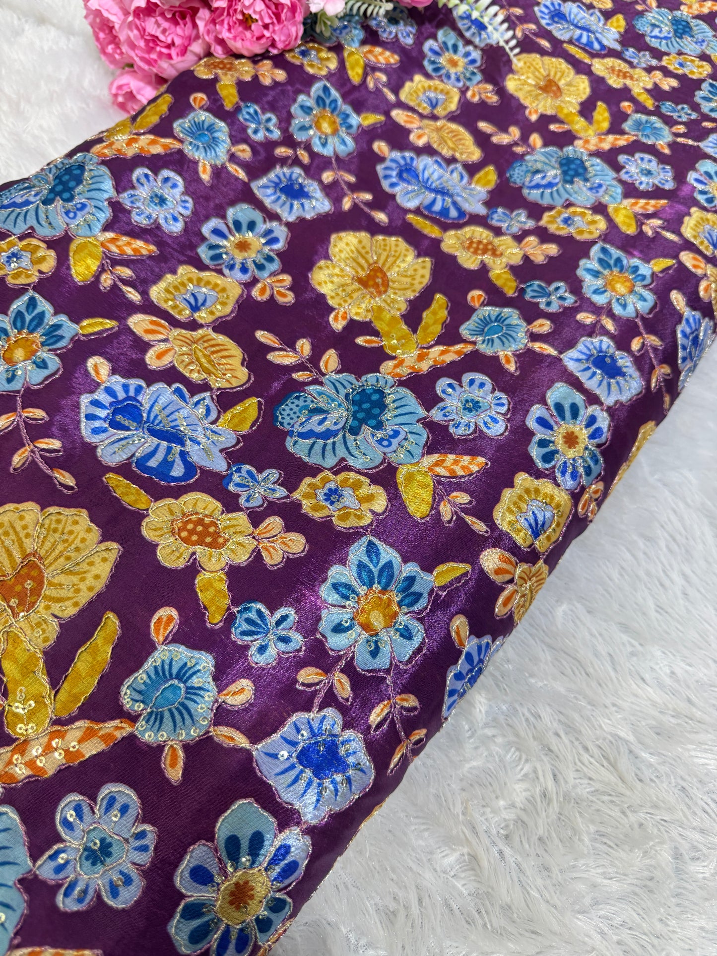 💐MULTI FLOWER POSTION PRINT ZARI SEQUINS WORK LUXURY BASE CHINON FABRIC purple 44inch width