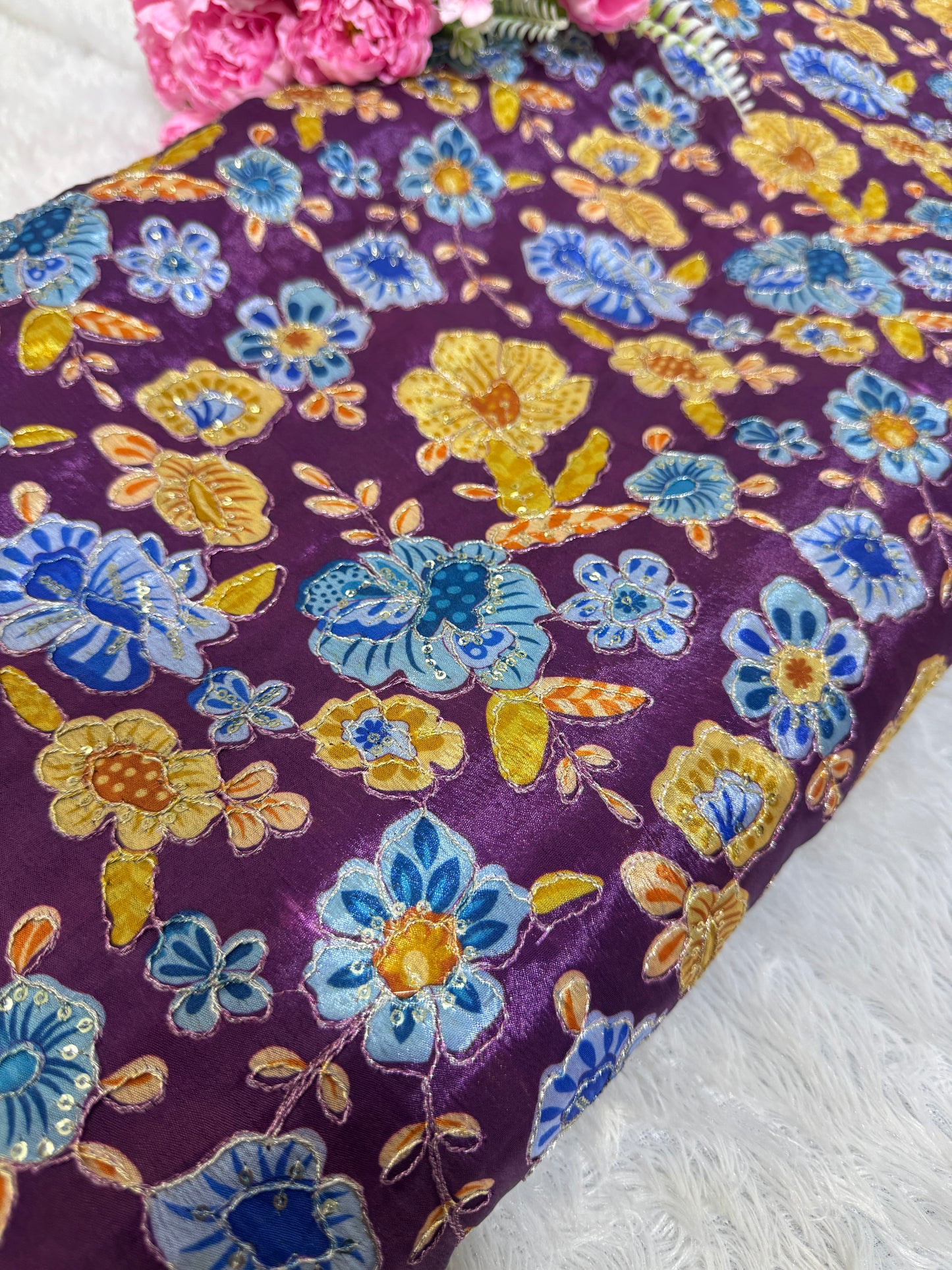 💐MULTI FLOWER POSTION PRINT ZARI SEQUINS WORK LUXURY BASE CHINON FABRIC purple 44inch width