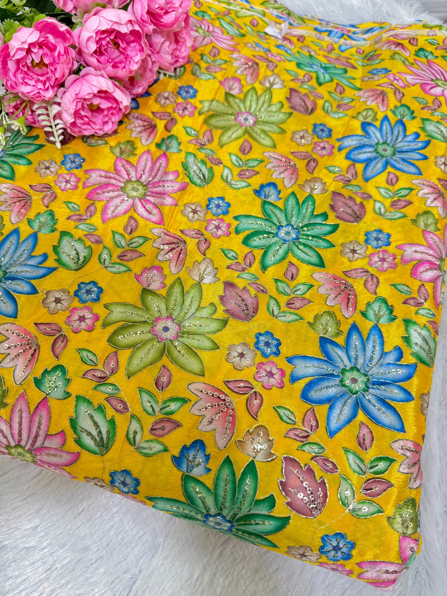 Pure chinon fabrics with multi flower 💐 44inch width blouse lehanga dress frock