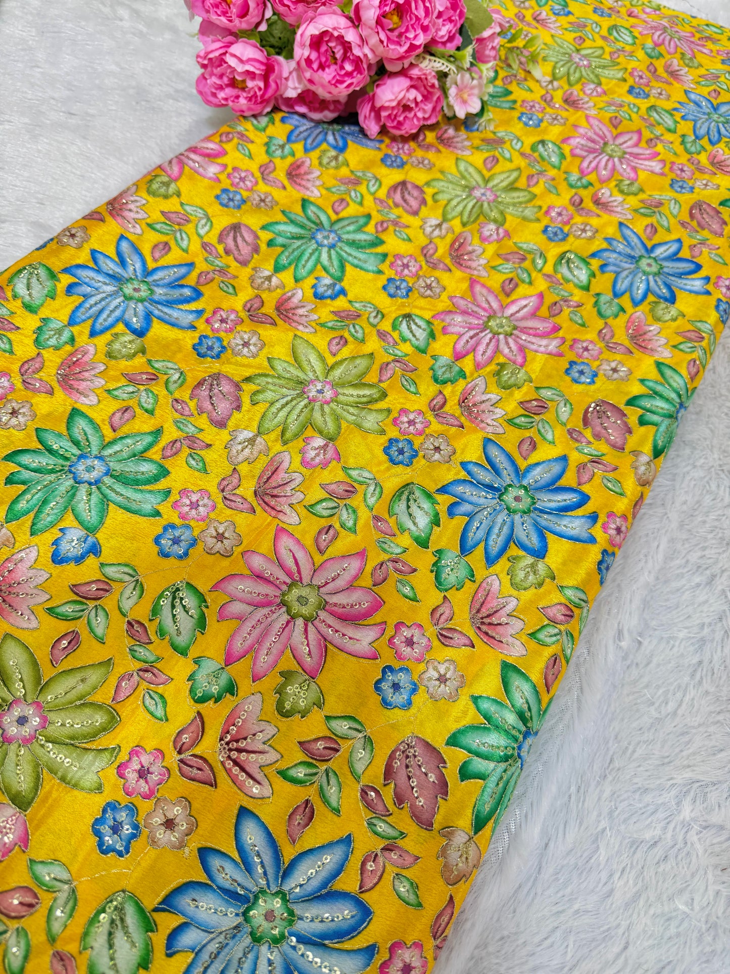 Pure chinon fabrics with multi flower 💐 44inch width blouse lehanga dress frock