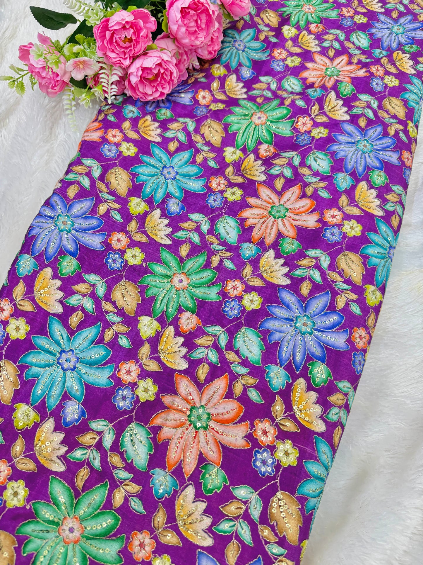 Pure chinon fabrics with multi flower 💐 44inch width lehanga , blouse , frock gown dress purple