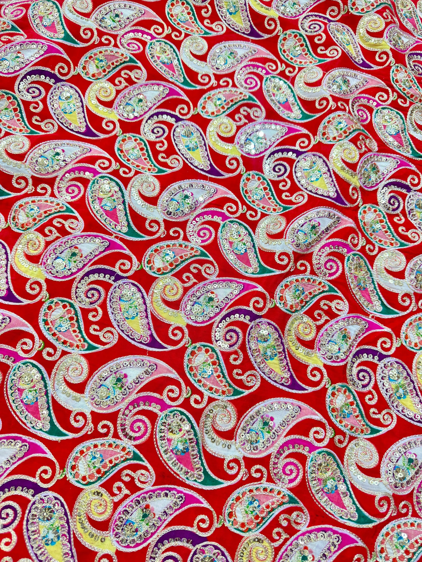 đź‘—LUXURY NATURAL CRAPE FLORAL PRINT EMBROIDERY WITH SEQUINS 44 INCH WIDTH RED