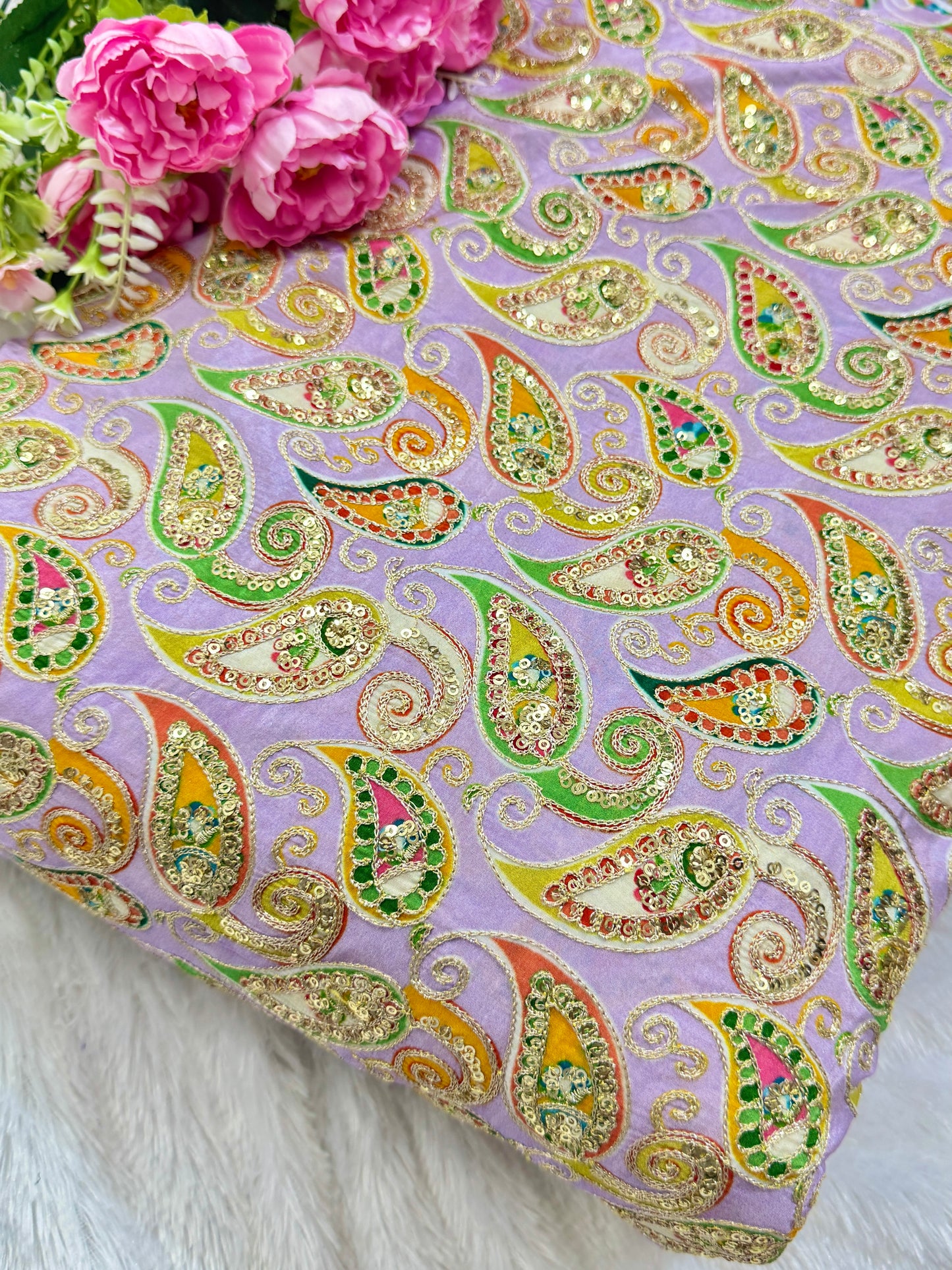 đź‘—LUXURY NATURAL CRAPE FLORAL PRINT EMBROIDERY WITH SEQUINS 44 INCH WIDTH LAVENDER