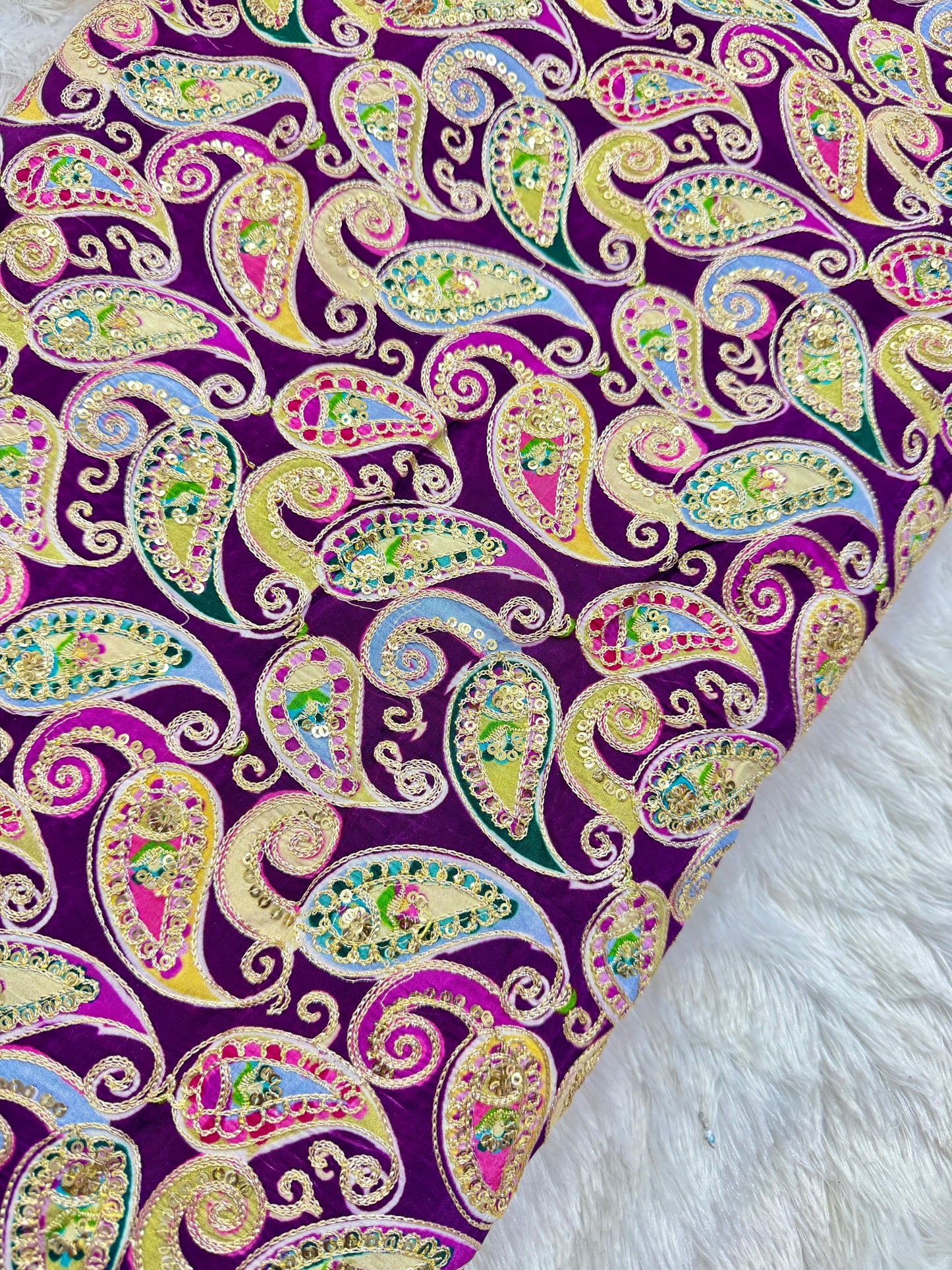 đź‘—LUXURY NATURAL CRAPE FLORAL PRINT EMBROIDERY WITH SEQUINS 44 INCH WIDTH PURPLE