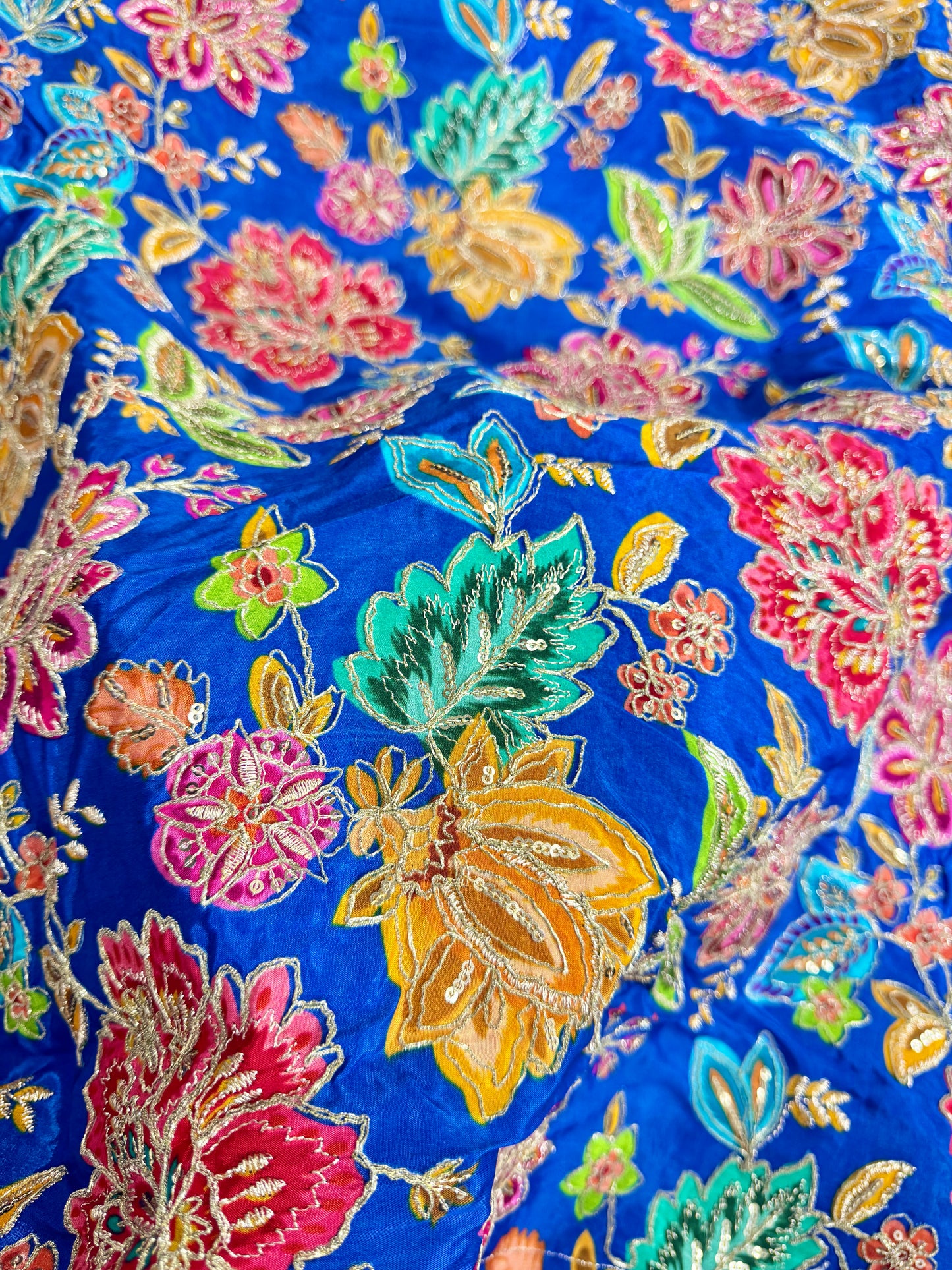 đź‘—LUXURY NATURAL CRAPE FLORAL PRINT EMBROIDERY WITH SEQUINS 44 INCH WIDTH blue