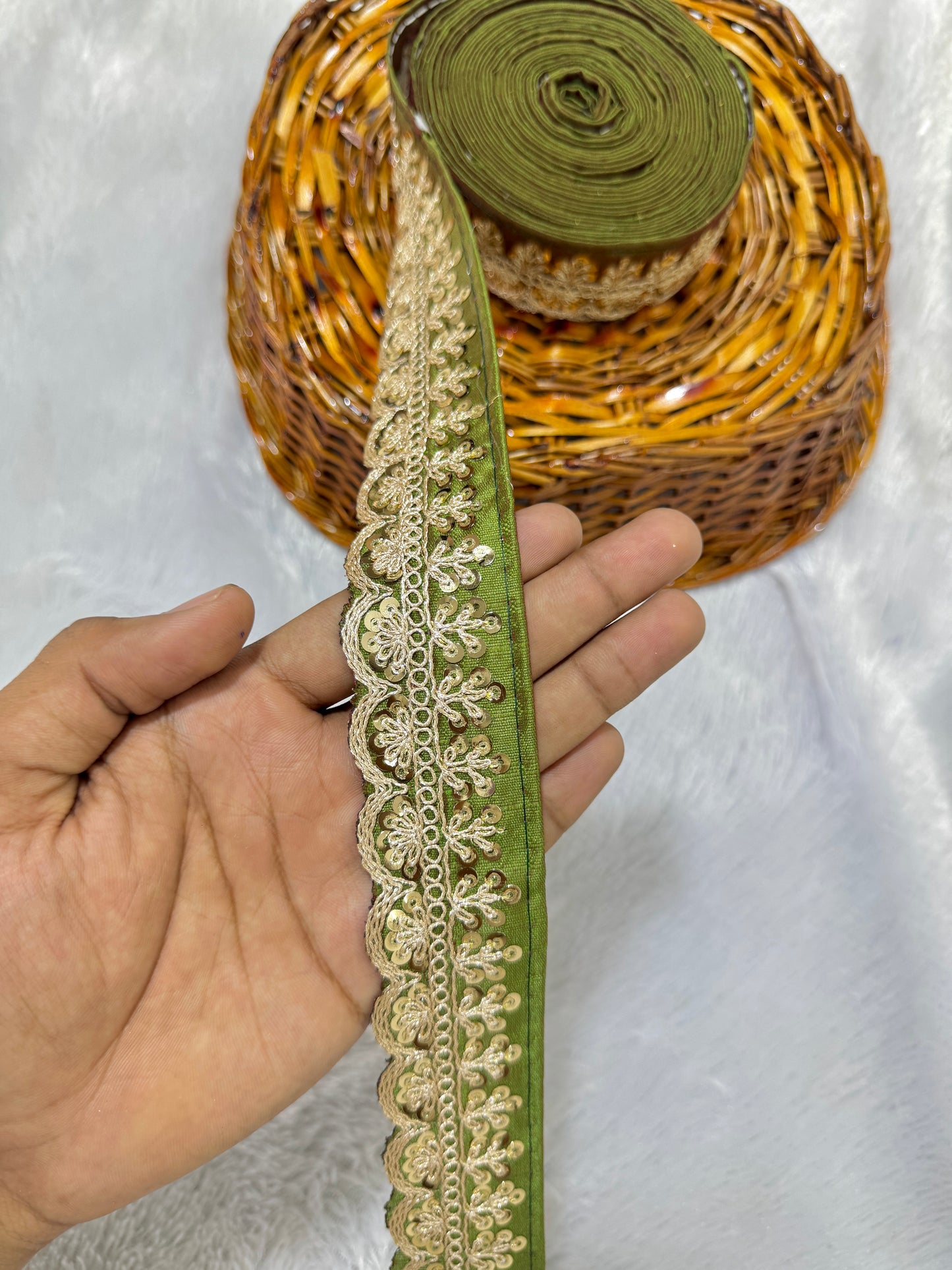 rawsilk fancy lace border with coding work sequence (pack of 9 meter) mehandi green
