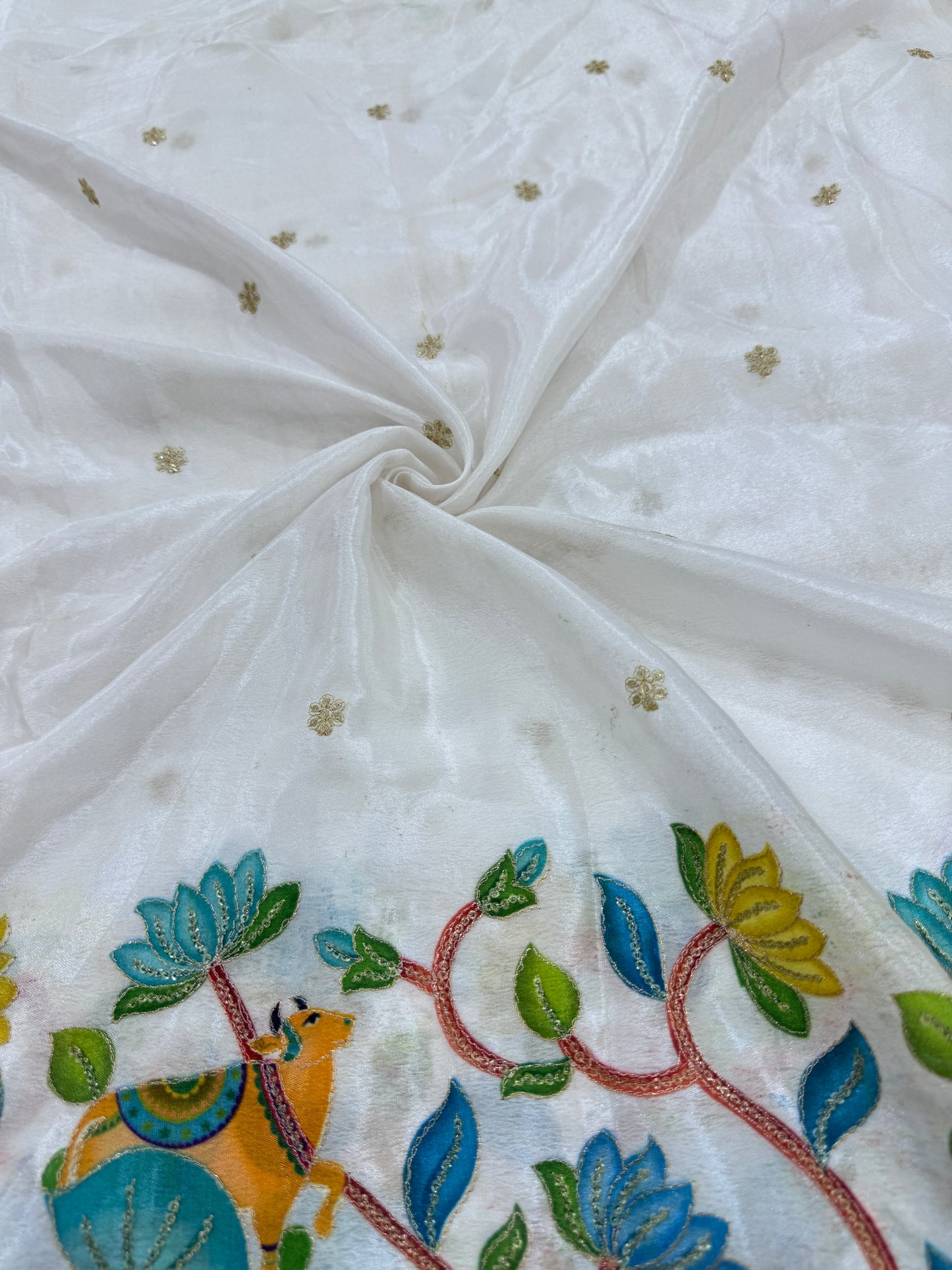 Kalamkari Cow Design Double Shaded Colour Chenon Fabric 44 Inch Width