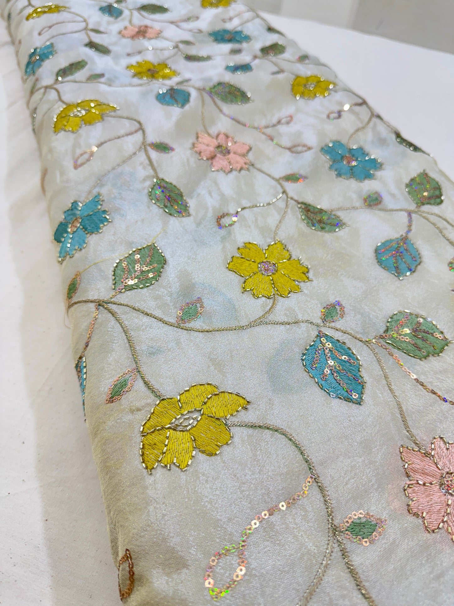 Puri Zari Tissue Beats Work Embroidery Multi Flower 44 Inch Width
