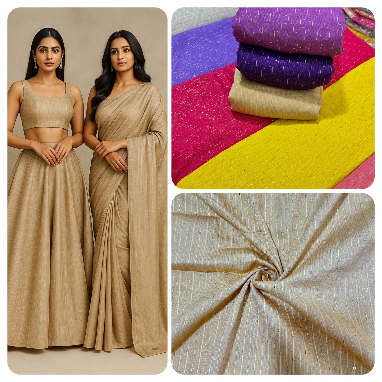 Elegant Champagne Gold banarasi Fabric with Vertical Sequin Stripes – Premium Party & Bridal Wear 44inchwidth