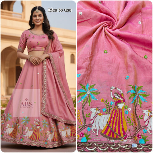 Viscose Tissue Embroidered Fabric – Dancing Lady & Cow Motif (44” Width) pink