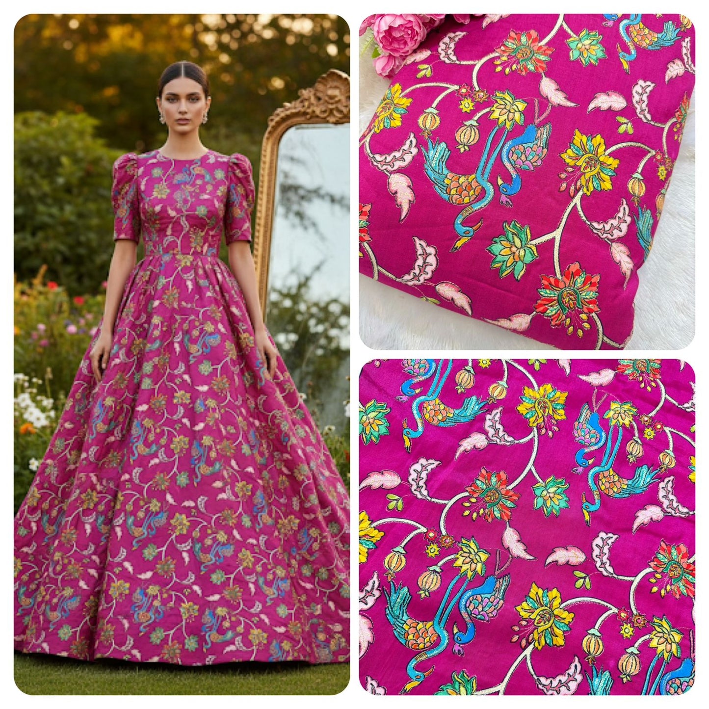 Pure chenon kalamkari animals design🦩 with position print width 44 blouse , lehanga, frock , 👗 👚