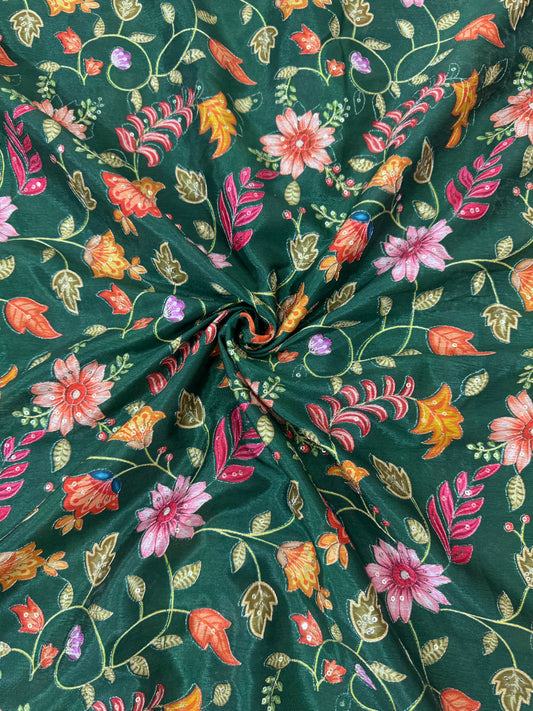 🌸 Elegant chinon Multicolor all over position, Printed Silk Blend Fabric 44.-45 inch bottle green