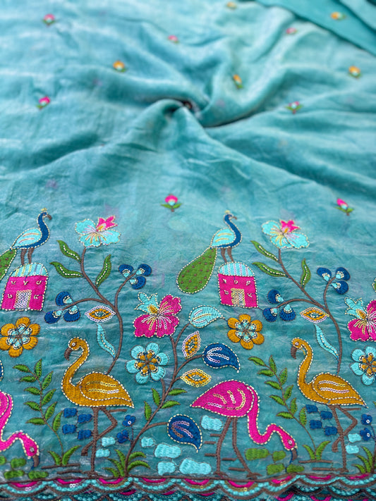 💕Beautiful 🦚 peacock Desing fendy fabric border flamingo fabrics 44-45inch width