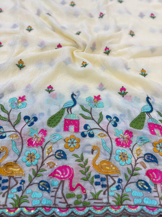 💕Beautiful 🦚 peacock Desing fendy fabric border flamingo fabrics 44-45inch width