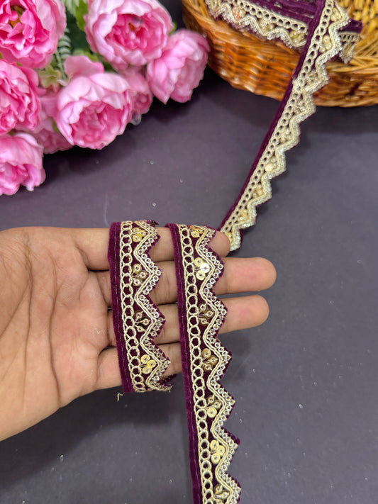 Velvet Zari Embroidery Lace Border – Zig Zag Design, 1 Inch Wide