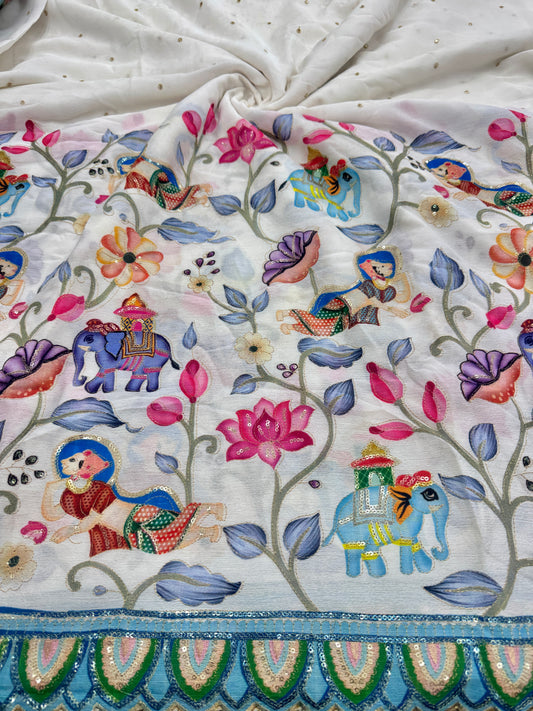 kalamkari border WHITE  chenon fabrics Blend  with Elephant & Lotus Motifs Width: ~44–45 inches