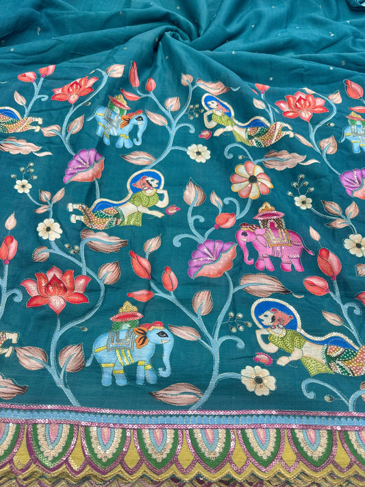 kalamkari border chenon fabrics Blend  with Elephant & Lotus Motifs Width: ~44–45 inches