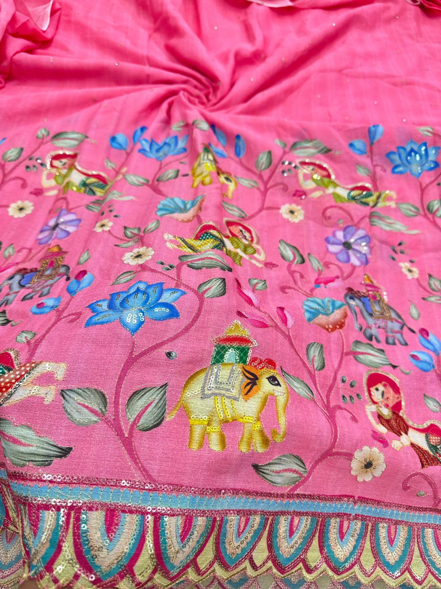 kalamkari border chenon fabrics Blend  with Elephant & Lotus Motifs Width: ~44–45 inches